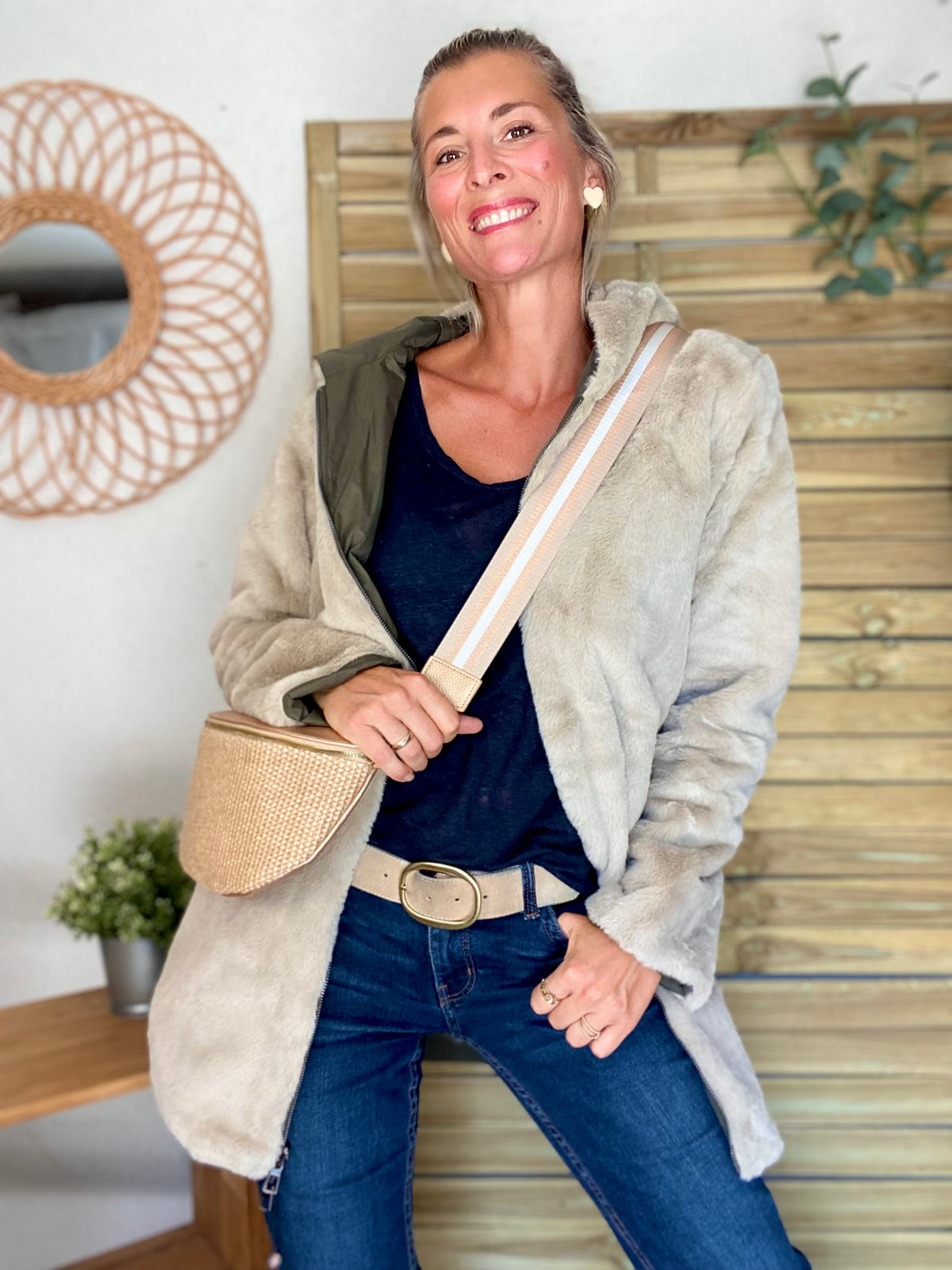 LAURA JO - Parka Imperméable réversible fourrée Kaki / Beige ALIX Long