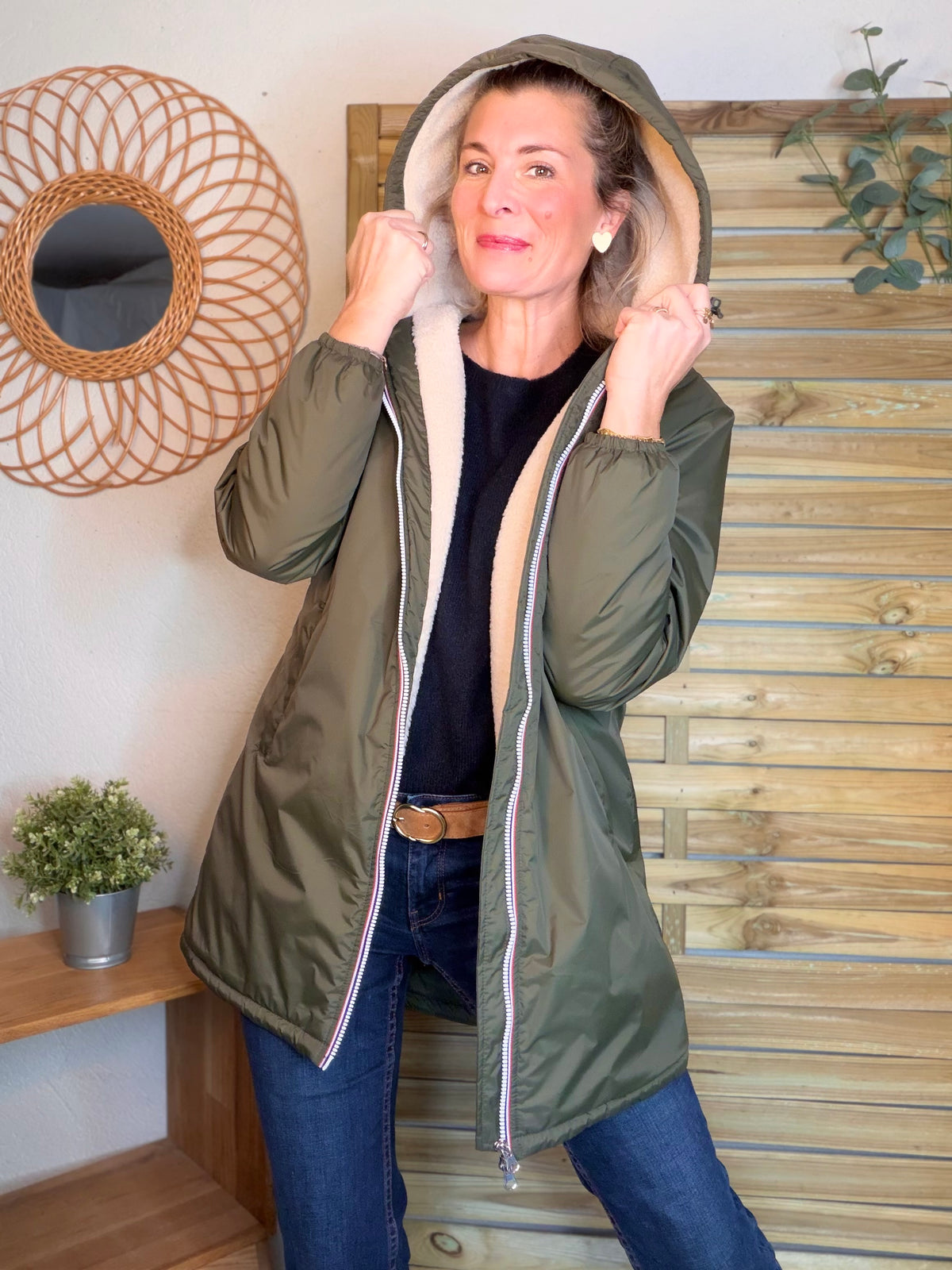 LAURA JO - Parka Imperméable LOUISE LONG Sherpa écru - Kaki • DÉSTOCKAGE sur taille S