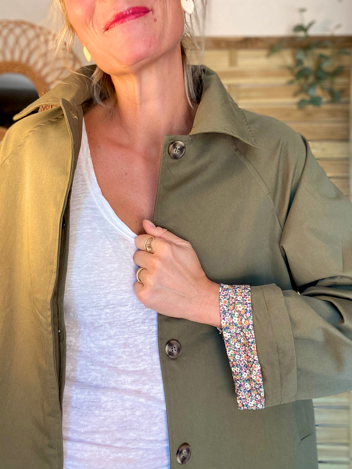 Veste Trench en coton kaki avec Liberty - MAHAUT MI LONG - LILI et LALA • DÉSTOCKAGE sur Taille S