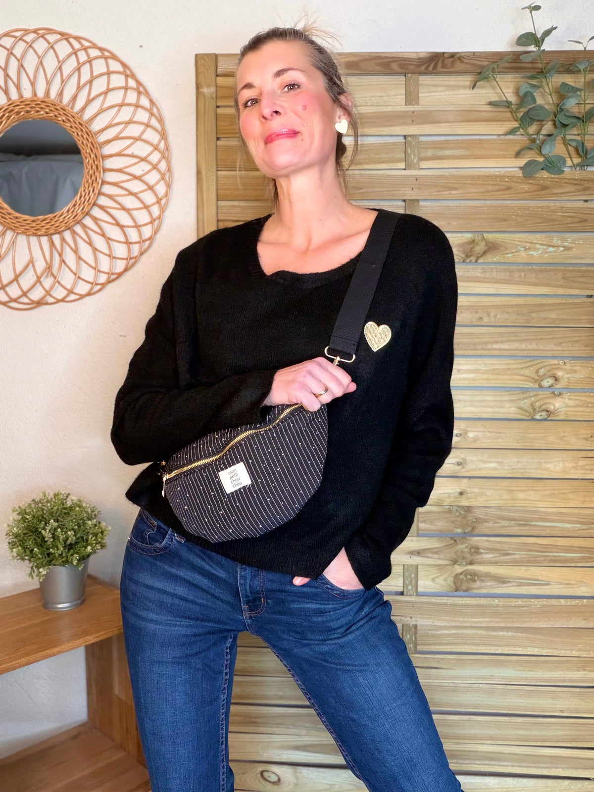 Sac banane avec strass BONNIE - Rayée noir