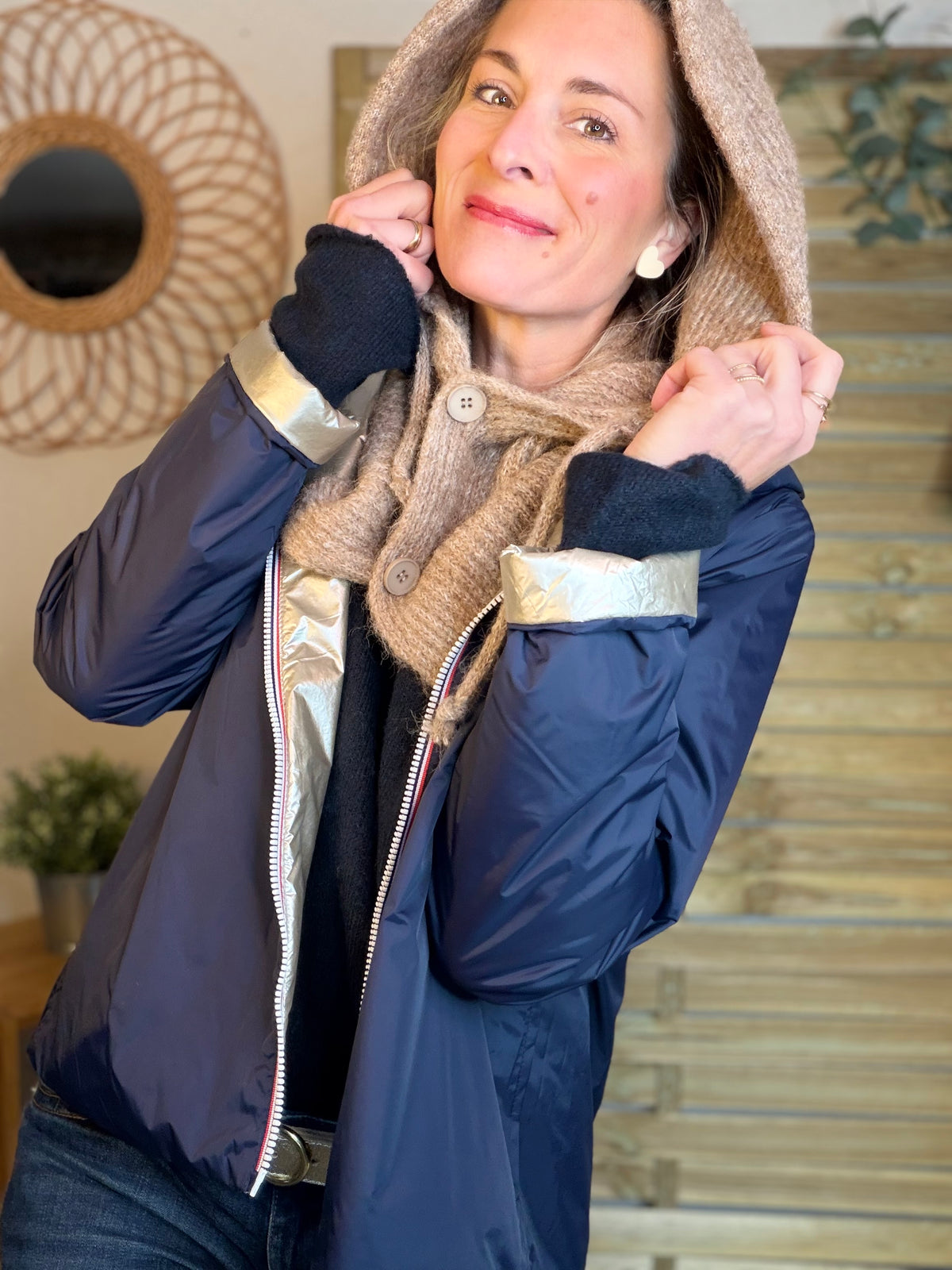 Col cagoule LORIE en maille avec boutons - Taupe