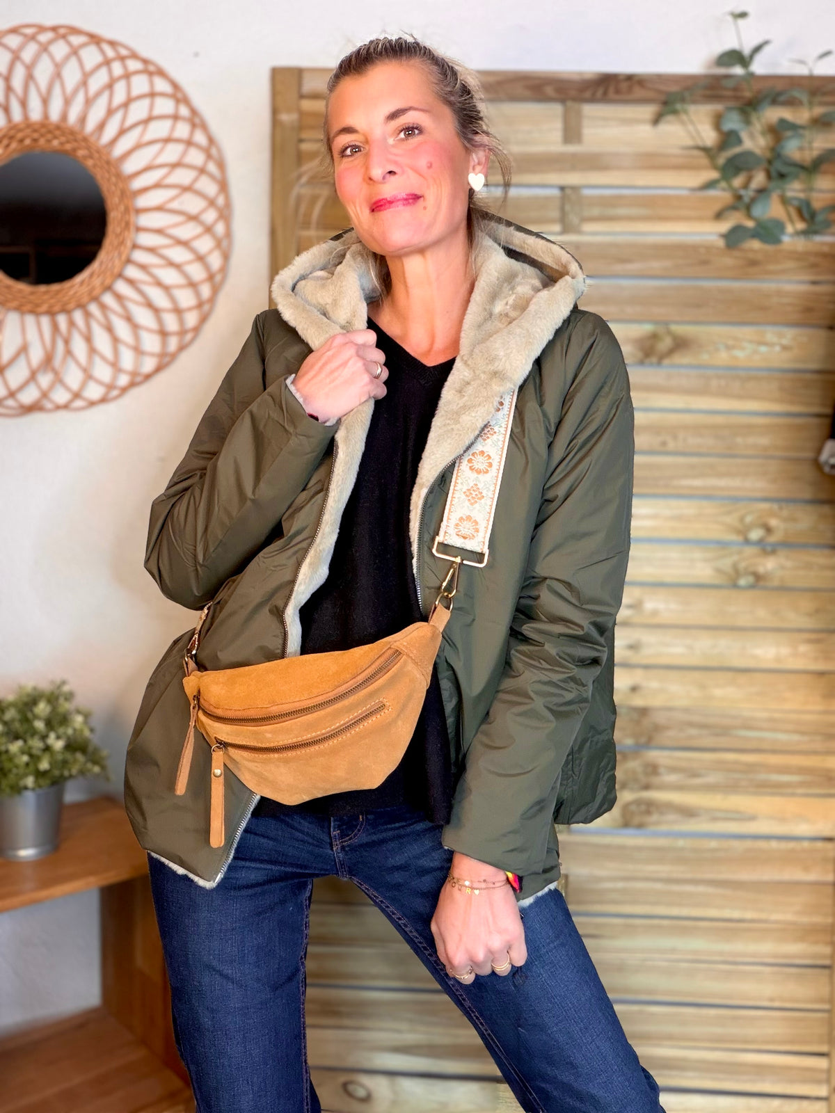 LAURA JO - Parka Imperméable réversible fourrée Kaki / Beige ALIX Court