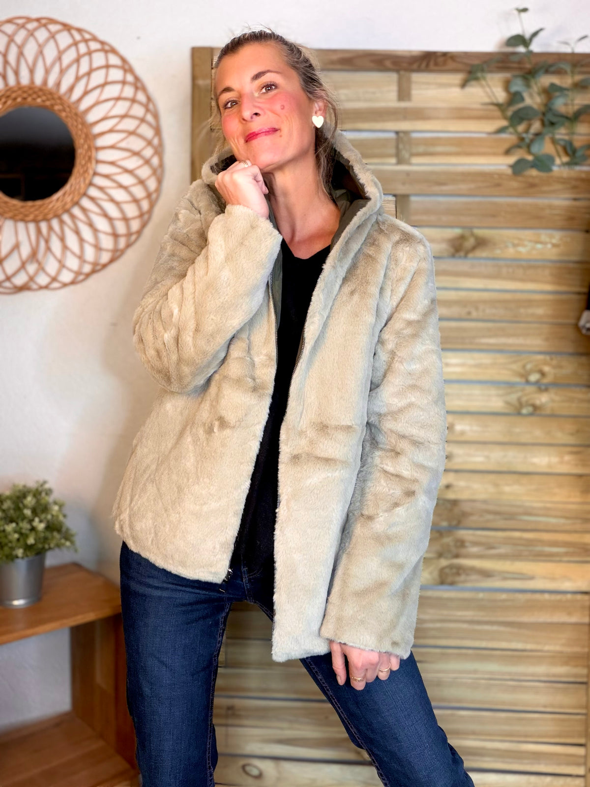 LAURA JO - Parka Imperméable réversible fourrée Kaki / Beige ALIX Court