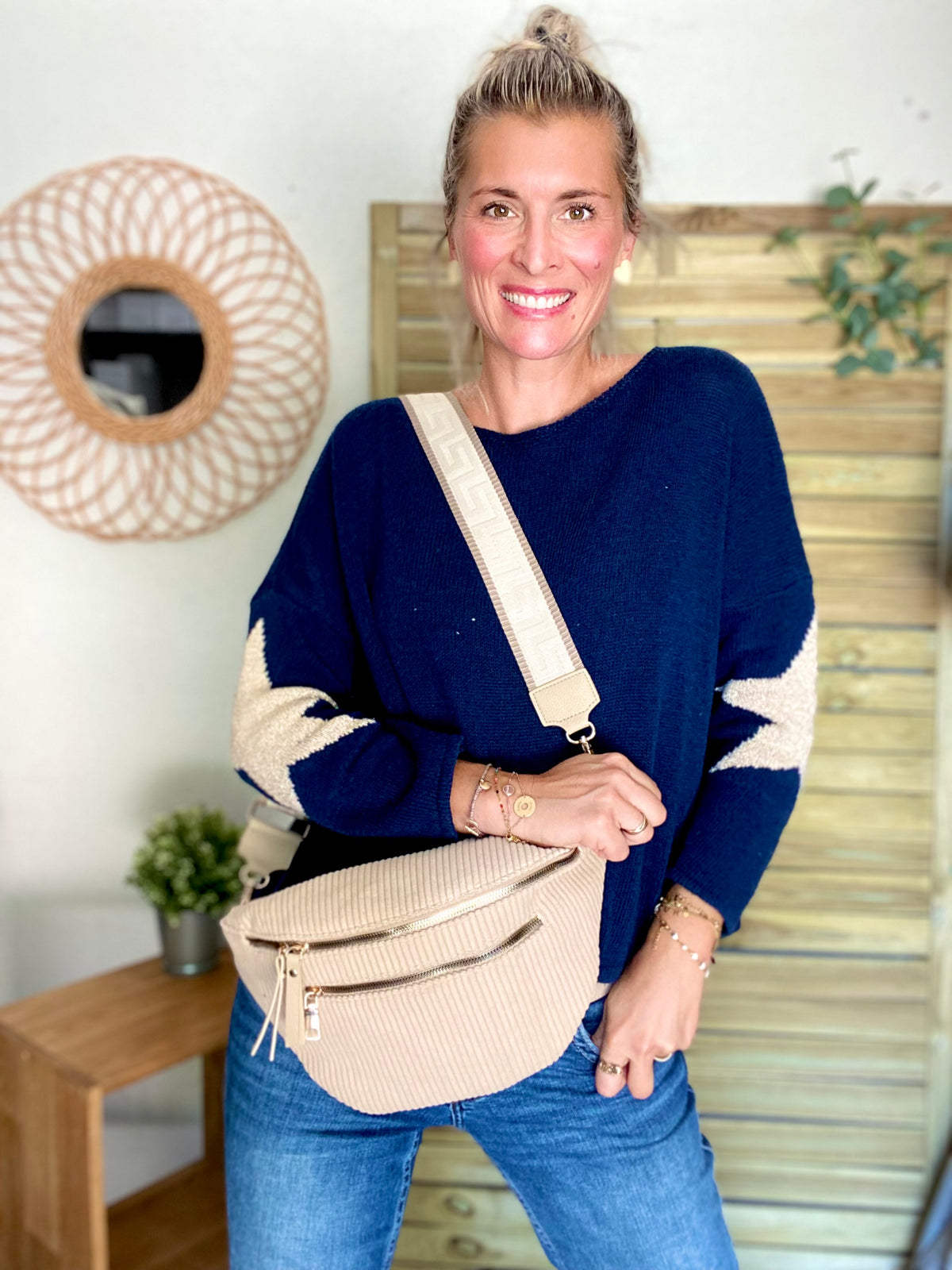 Sac banane XL en velours côtelé 2 zips et sangle fantaisie - WENDY - Beige