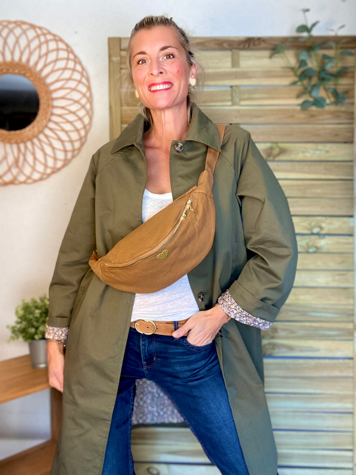 Veste Trench en coton kaki avec Liberty - MAHAUT MI LONG - LILI et LALA • DÉSTOCKAGE sur Taille S