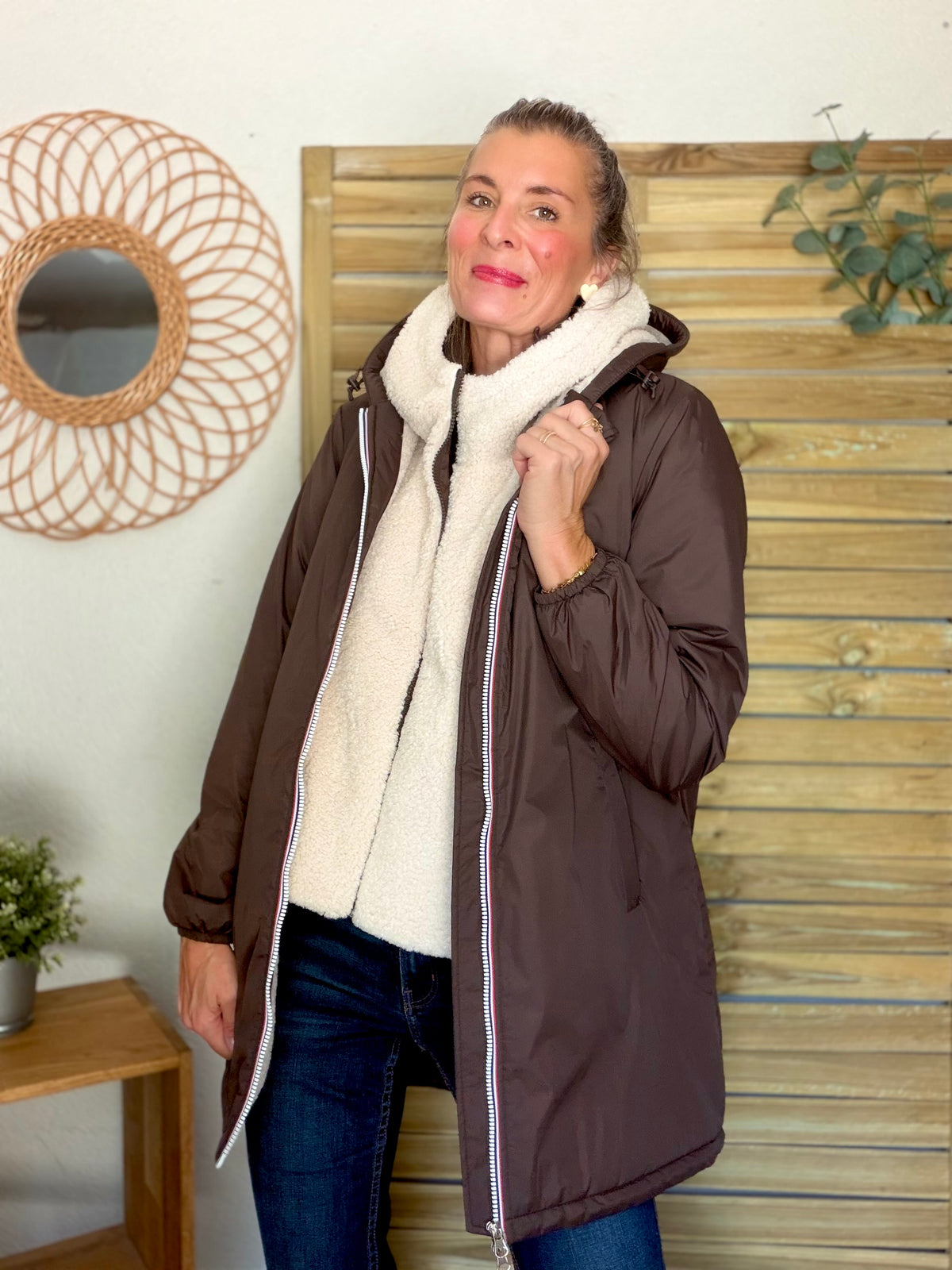 LAURA JO - Col capuche amovible réversible TONY - Choco / Sherpa écru