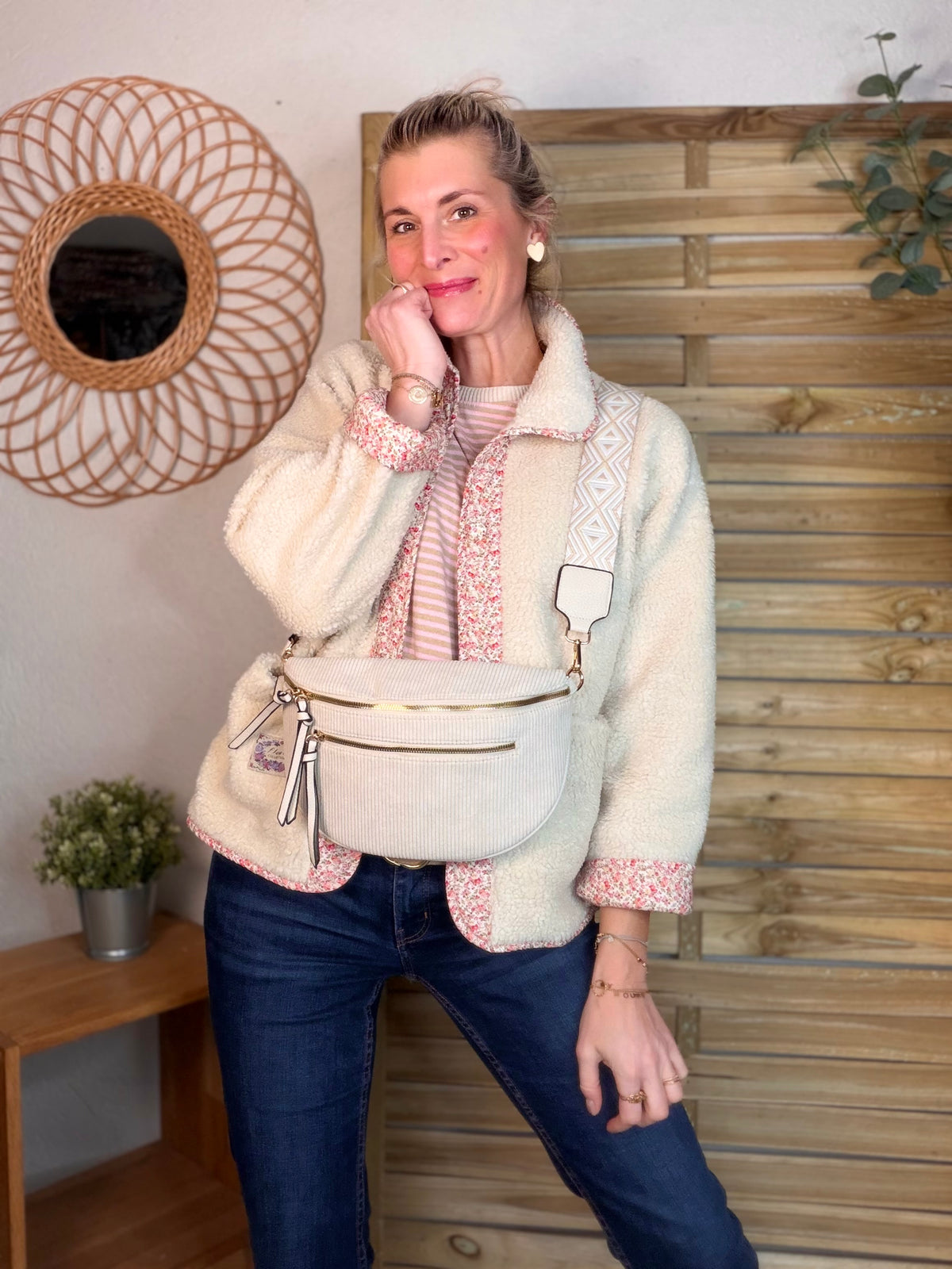 Sac banane en velours côtelé, sangle fantaisie - KATY - Beige clair - FIN DE SÉRIE