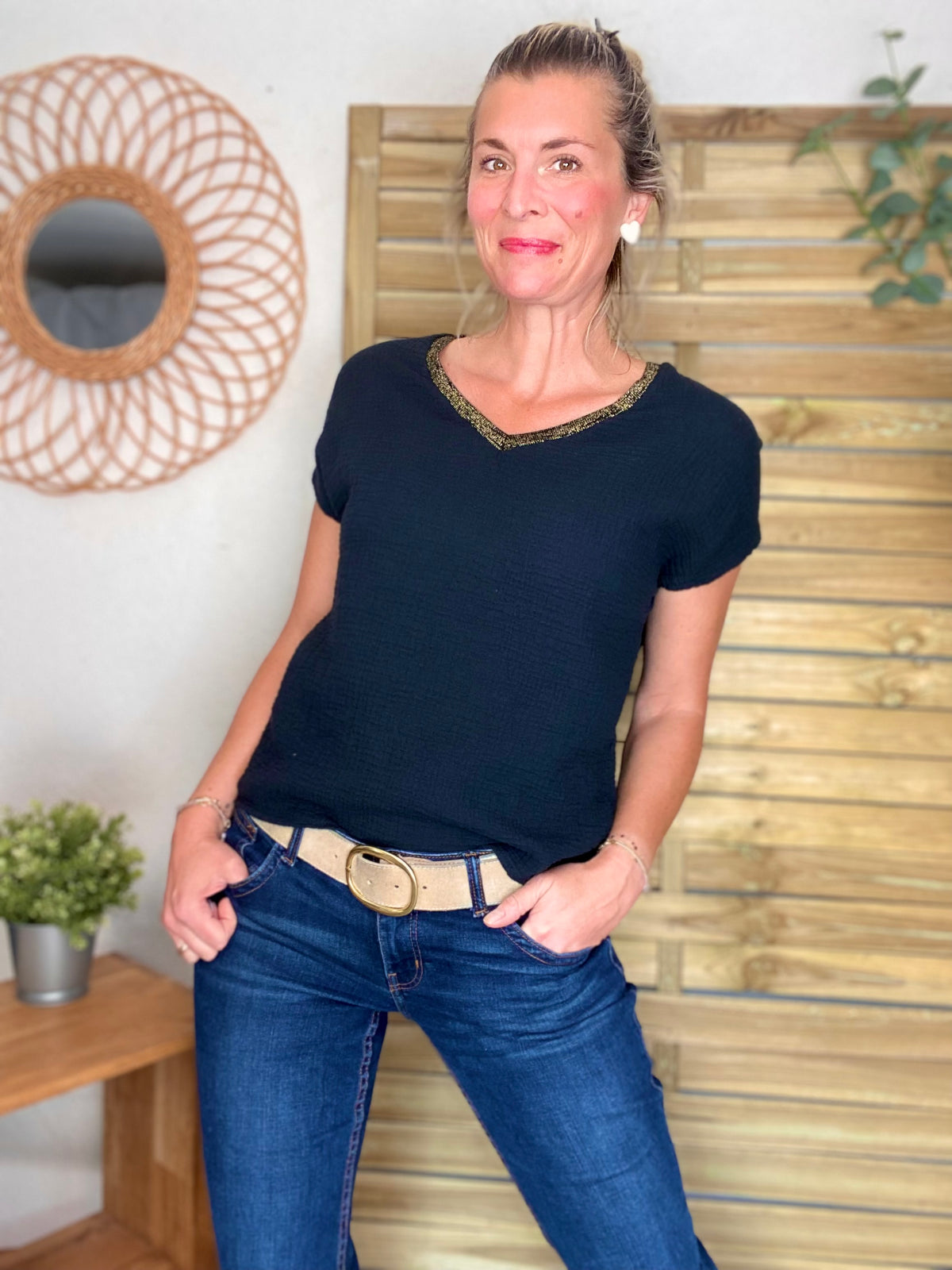 Top en gaze de coton et lurex MARTA - Noir