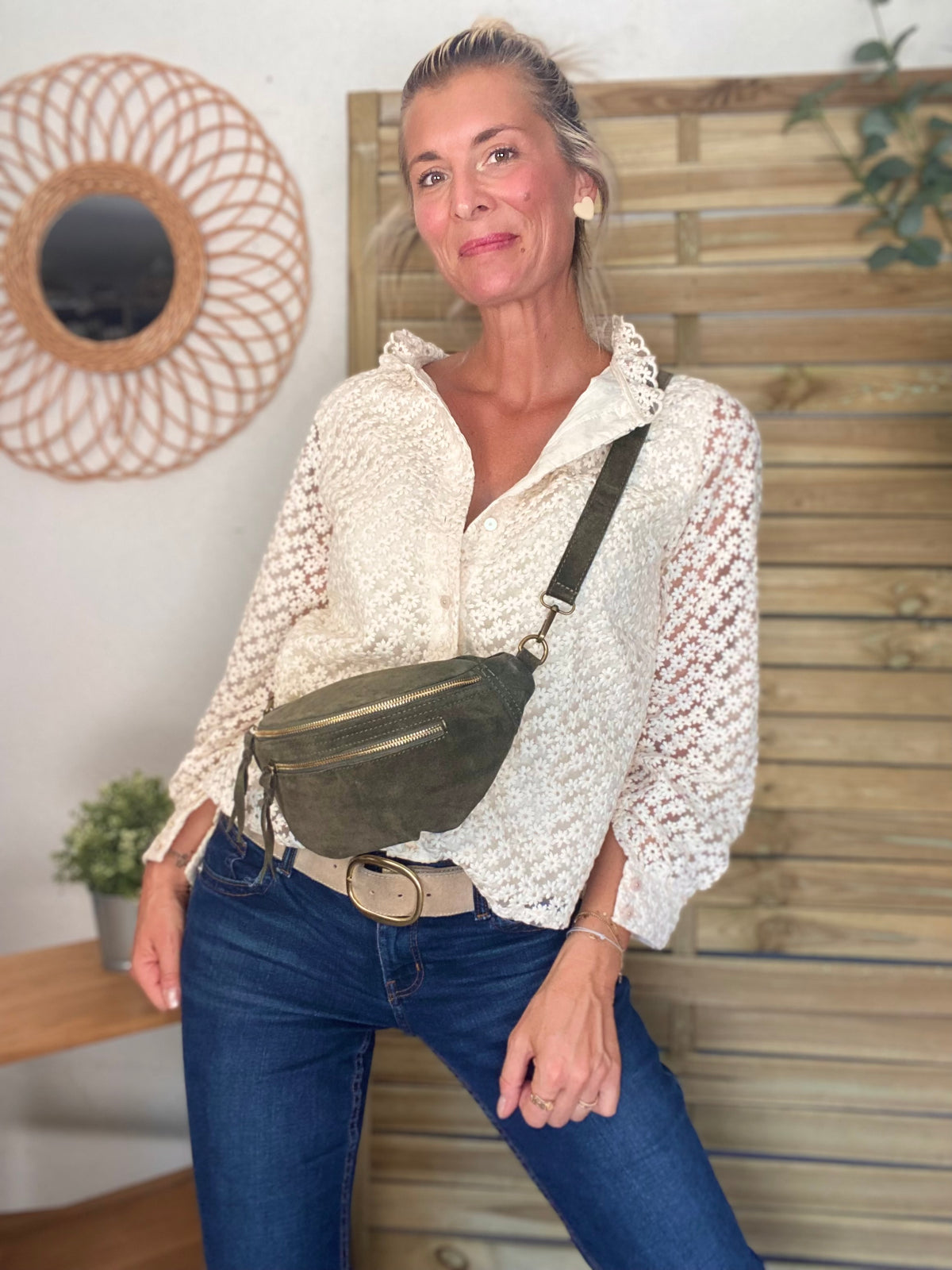 Sac banane double poche en cuir daim - OPALINE - Kaki foncé