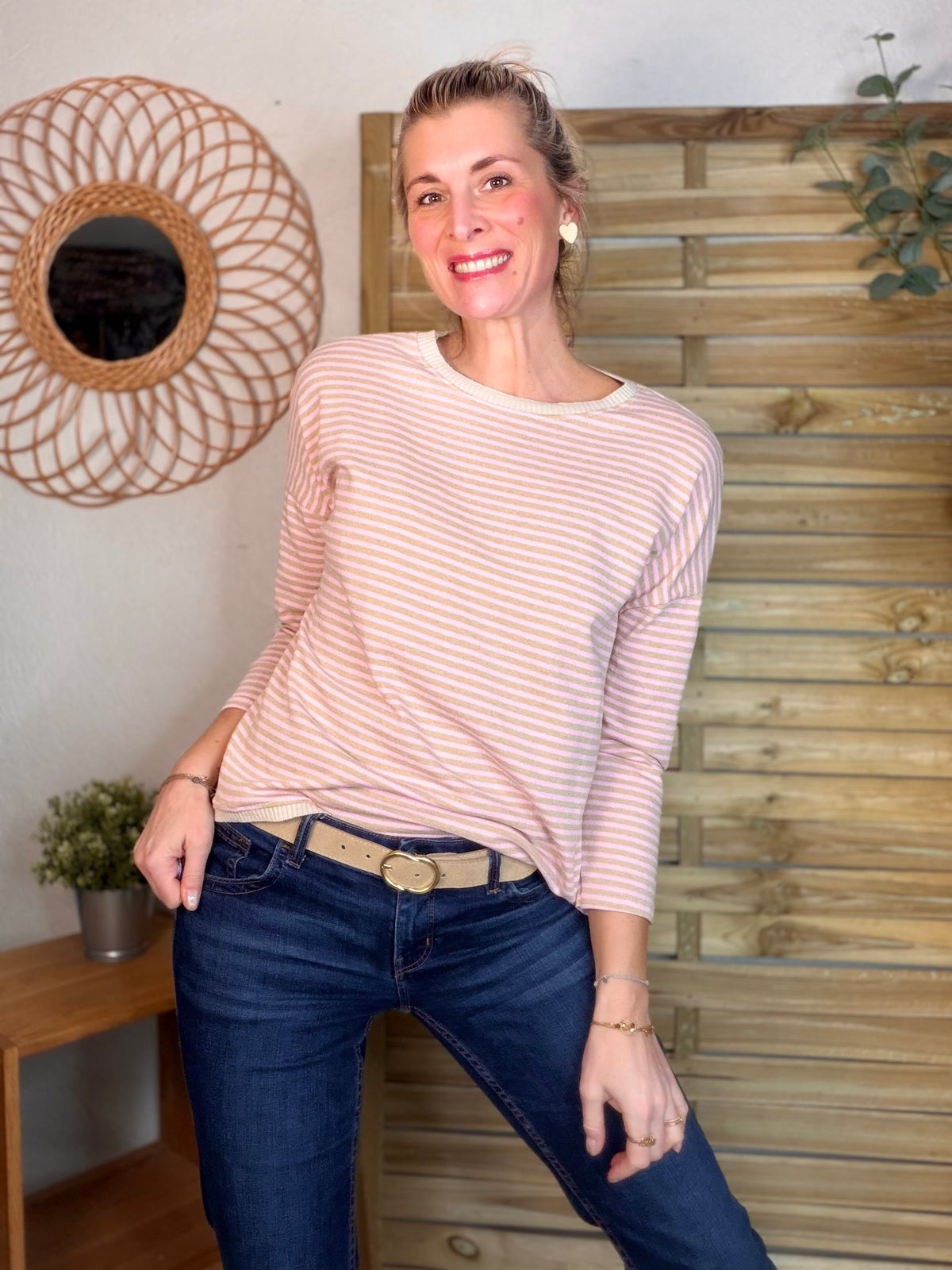 Pull fin rayé ample ROMANE - Rose/Taupe - FIN DE SÉRIE