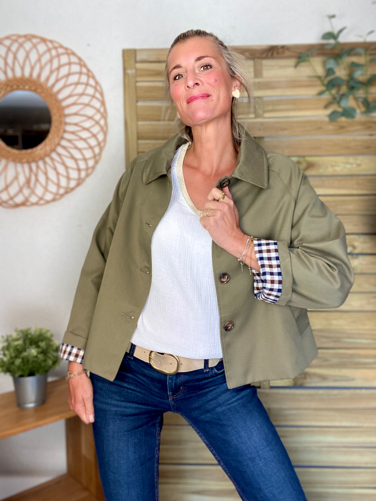 Veste Trench en coton, revers carreaux - YSEULT court Kaki