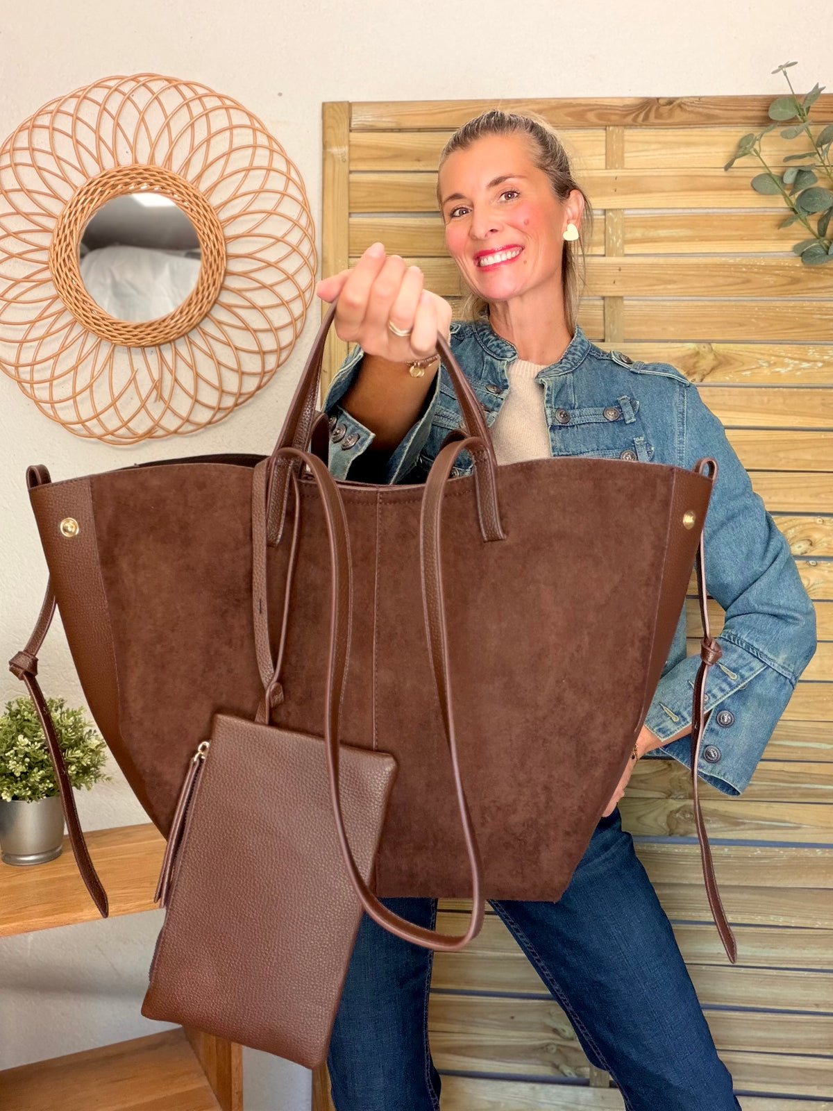 Grand Sac cabas 2 en 1 en simili daim - PAULE Chocolat