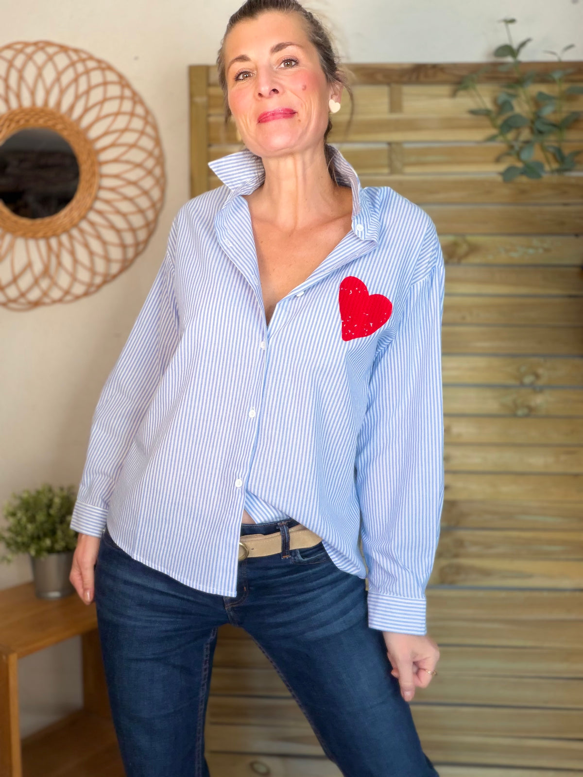 Chemise rayée brodée TINA Bleue - FIN DE SÉRIE