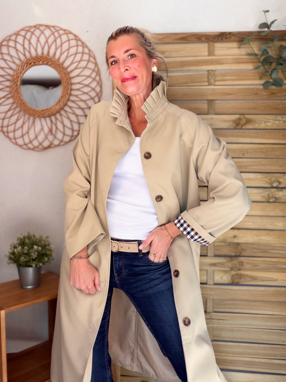 Veste Trench col victorien, revers carreaux - VICKY LONG Beige