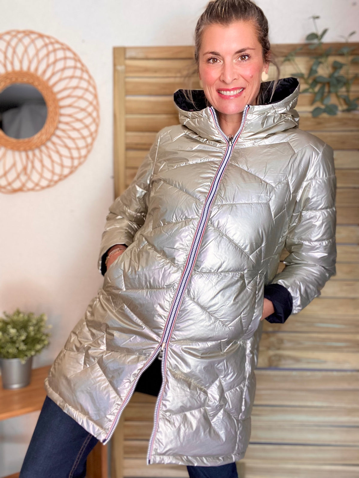 LAURA JO - Doudoune réversible imperméable longue INÈS - Noir / Doré - FIN DE SÉRIE