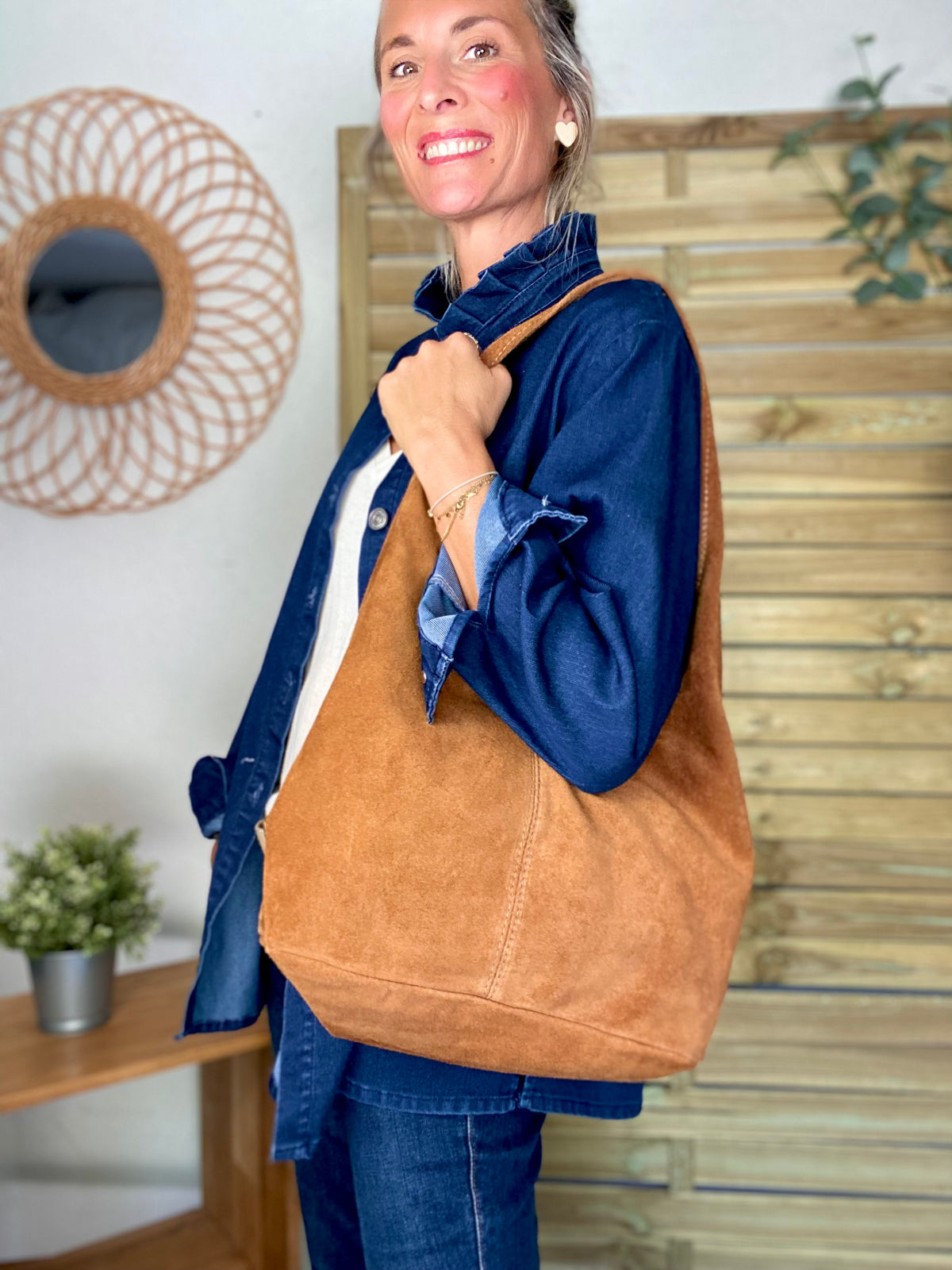 Sac cabas hobo cuir daim MARLON - Camel