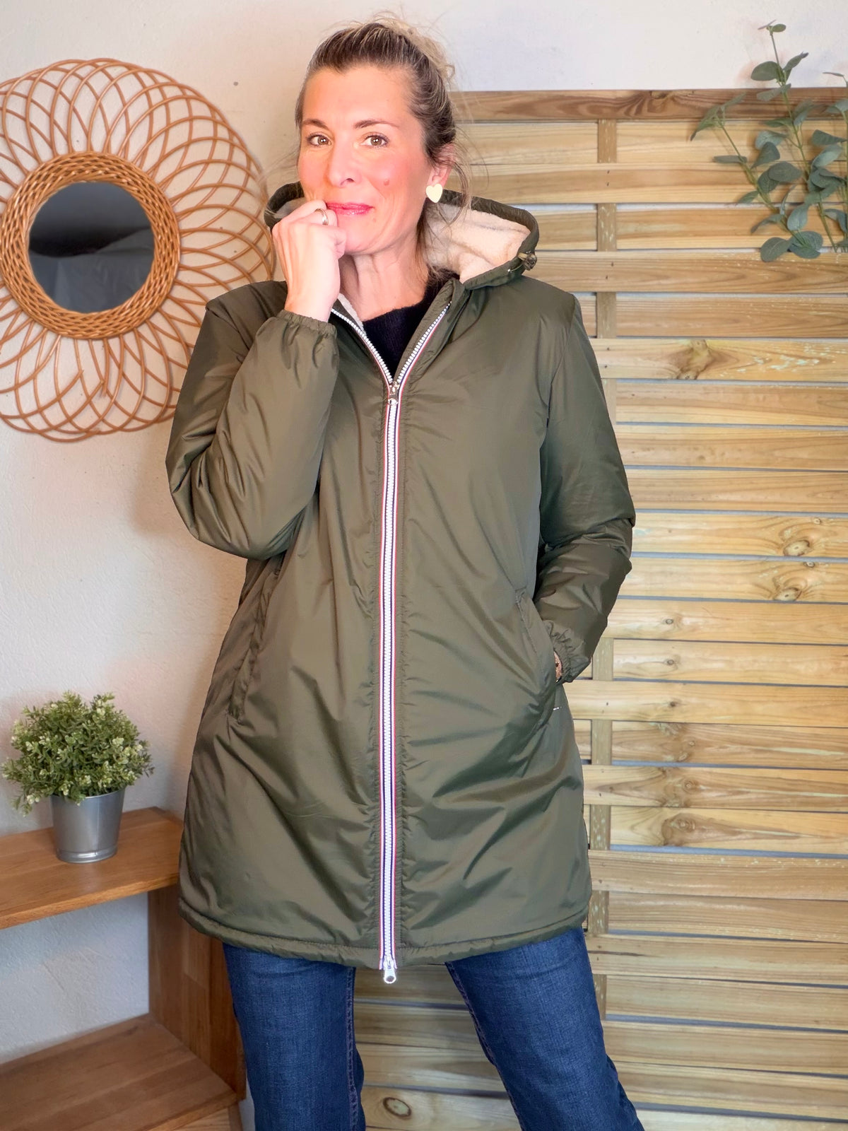 LAURA JO - Parka Imperméable LOUISE LONG Sherpa écru - Kaki • DÉSTOCKAGE sur taille S