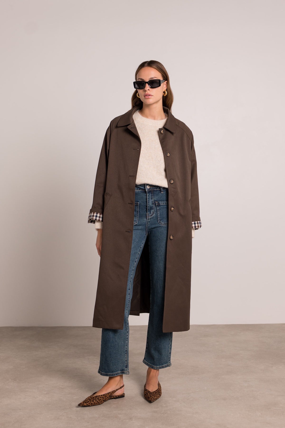 Veste Trench en coton, revers carreaux - YSEULT long Chocolat