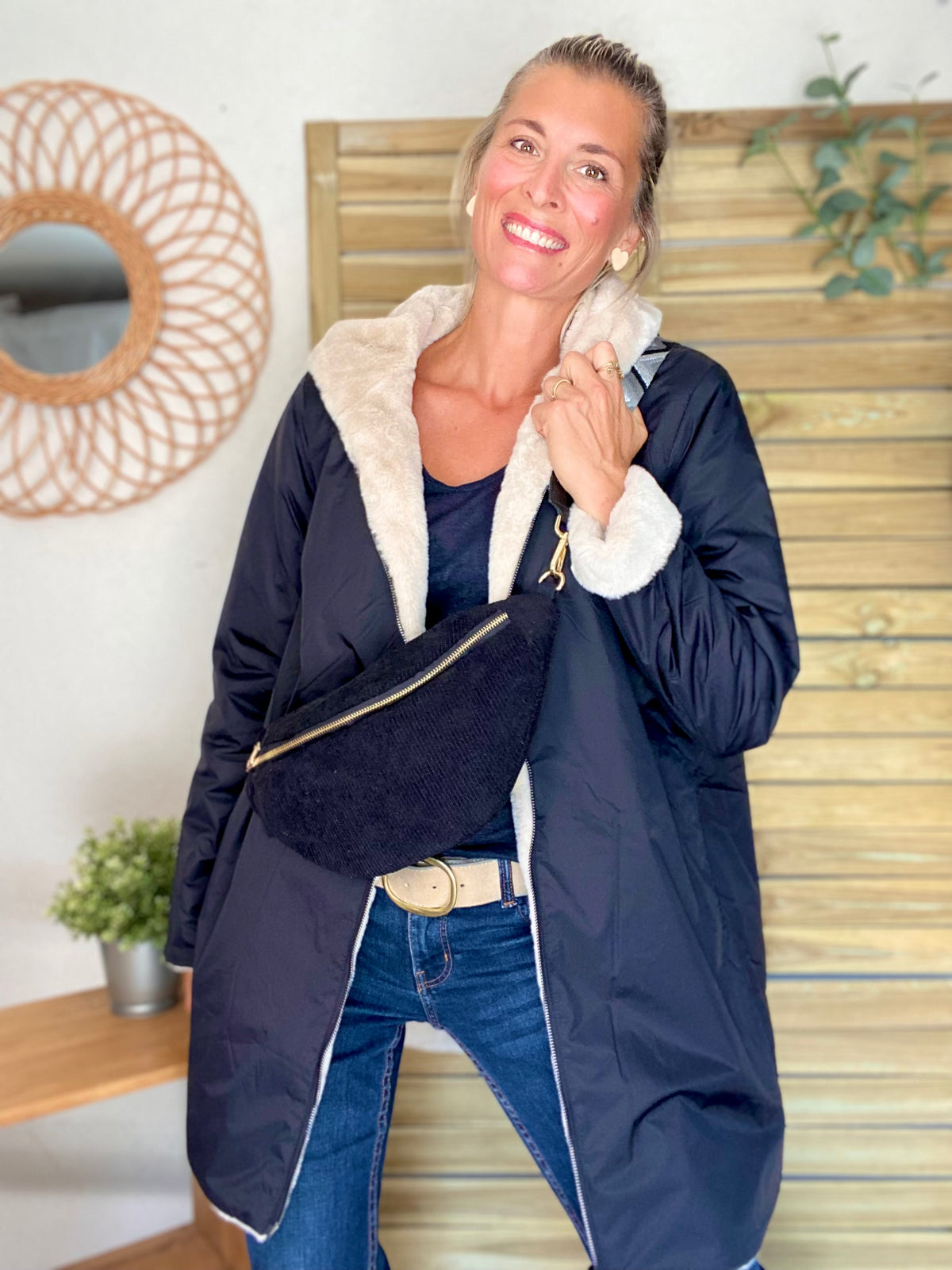 LAURA JO - Parka Imperméable réversible fourrée Noir / Beige ALIX long