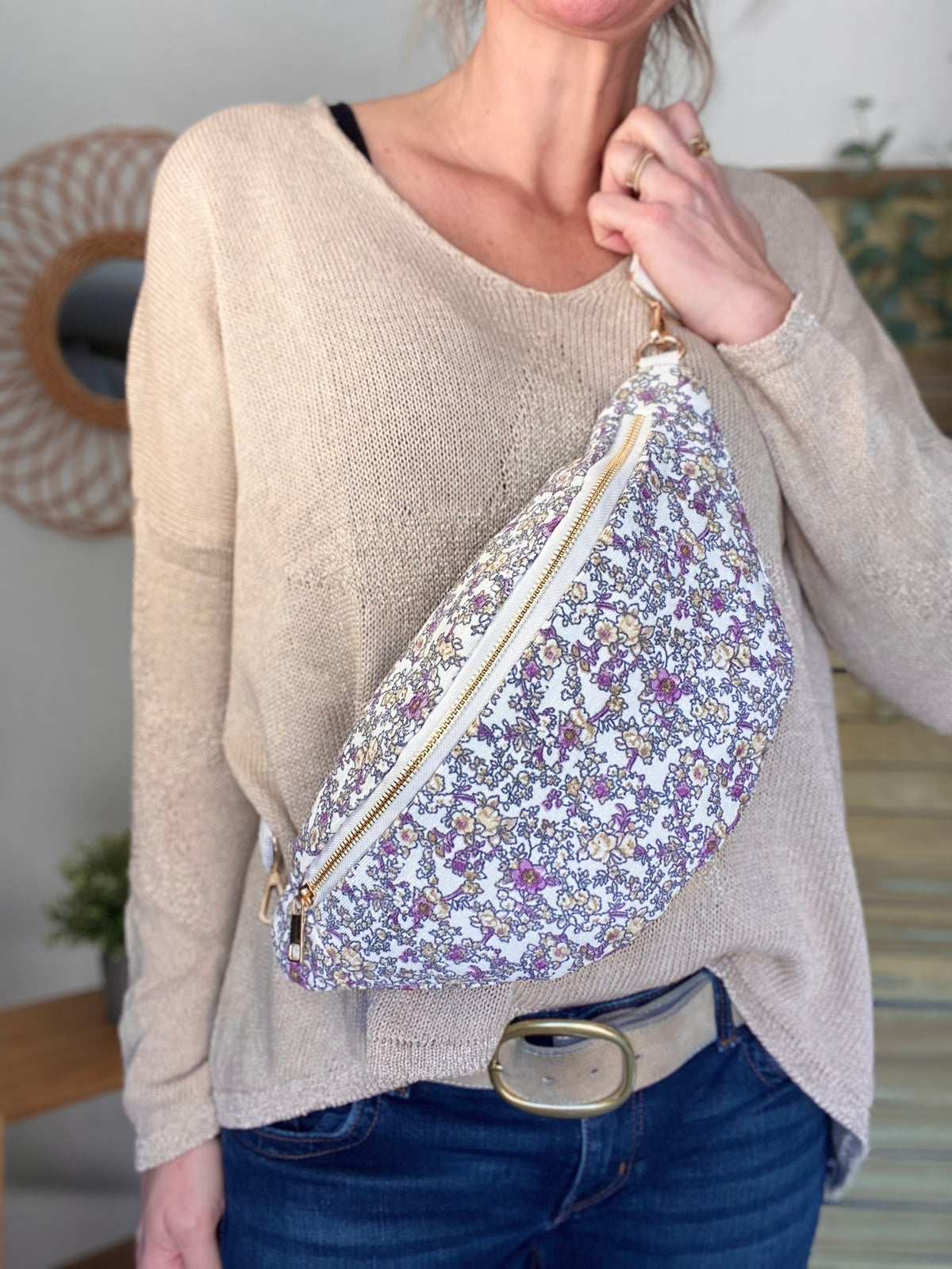 Sac banane XL Ciao Boum - IVY - Fleuri blanc et mauve