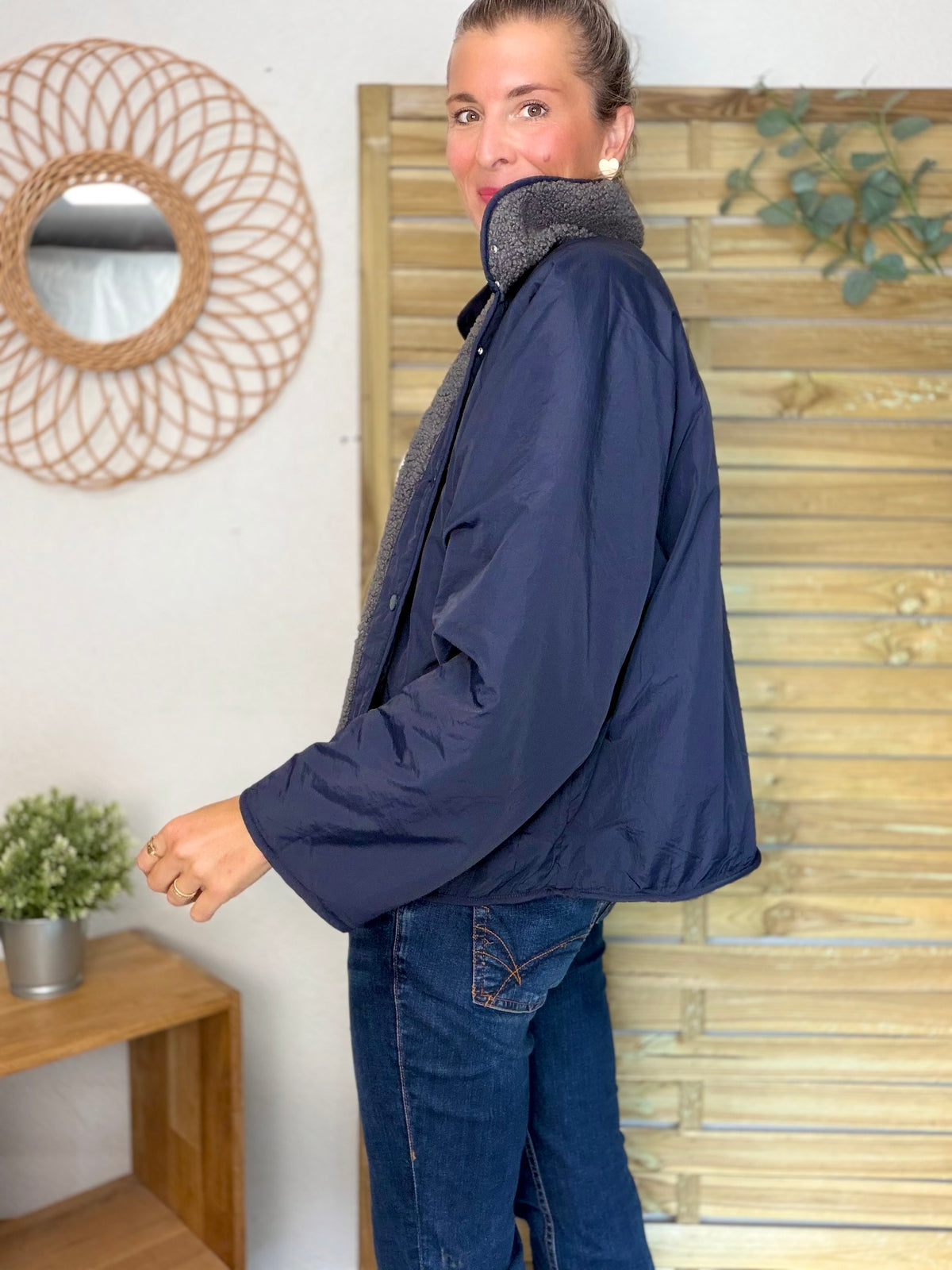 Veste matelassée réversible Sherpa AMÉLIE Bleu marine / Gris