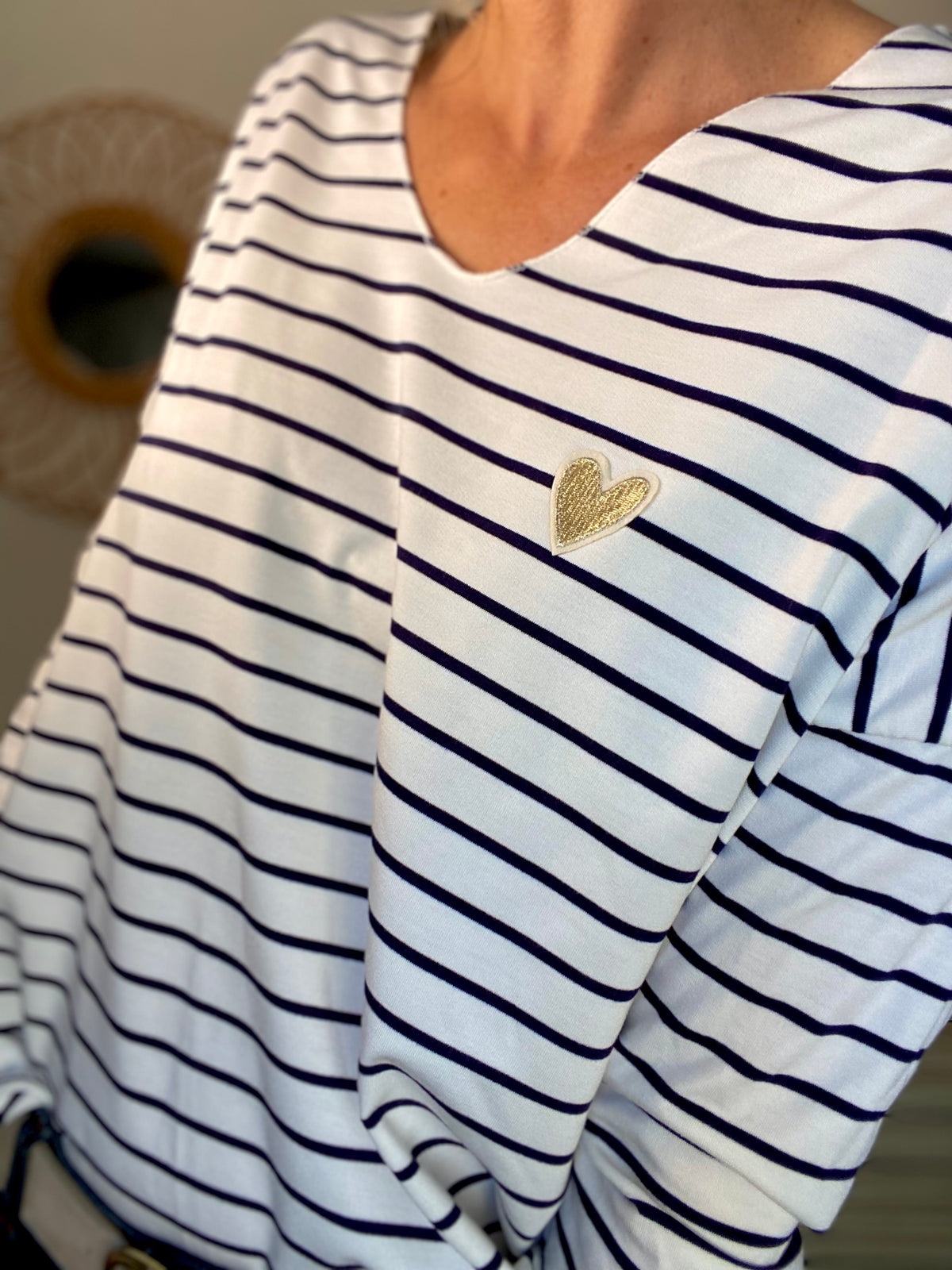 Pull fin rayé col V avec ou sans coeur doré 💛 NOLWENN - Bleu marine