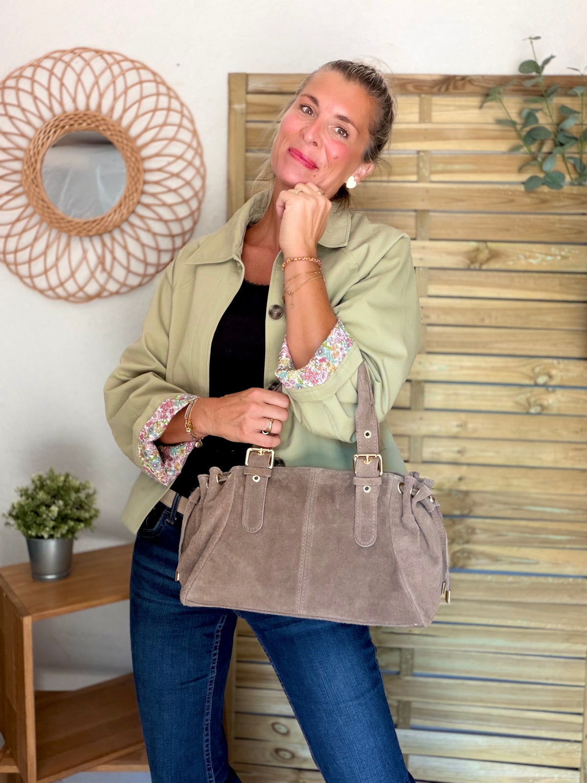 Sac à main en cuir daim GERY - Taupe