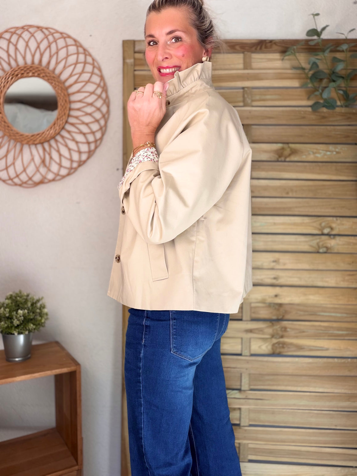 Veste Trench col victorien avec Liberty rose - VICTORIA Beige - FIN DE SÉRIE