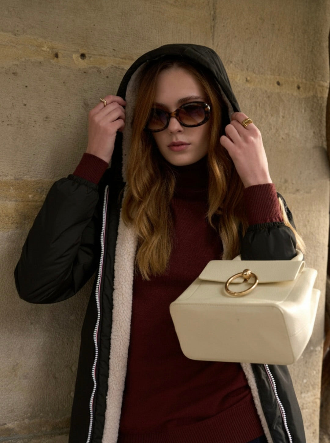 LAURA JO - Parka Imperméable LOUISE LONG Sherpa écru - Noir • DÉSTOCKAGE sur Taille L