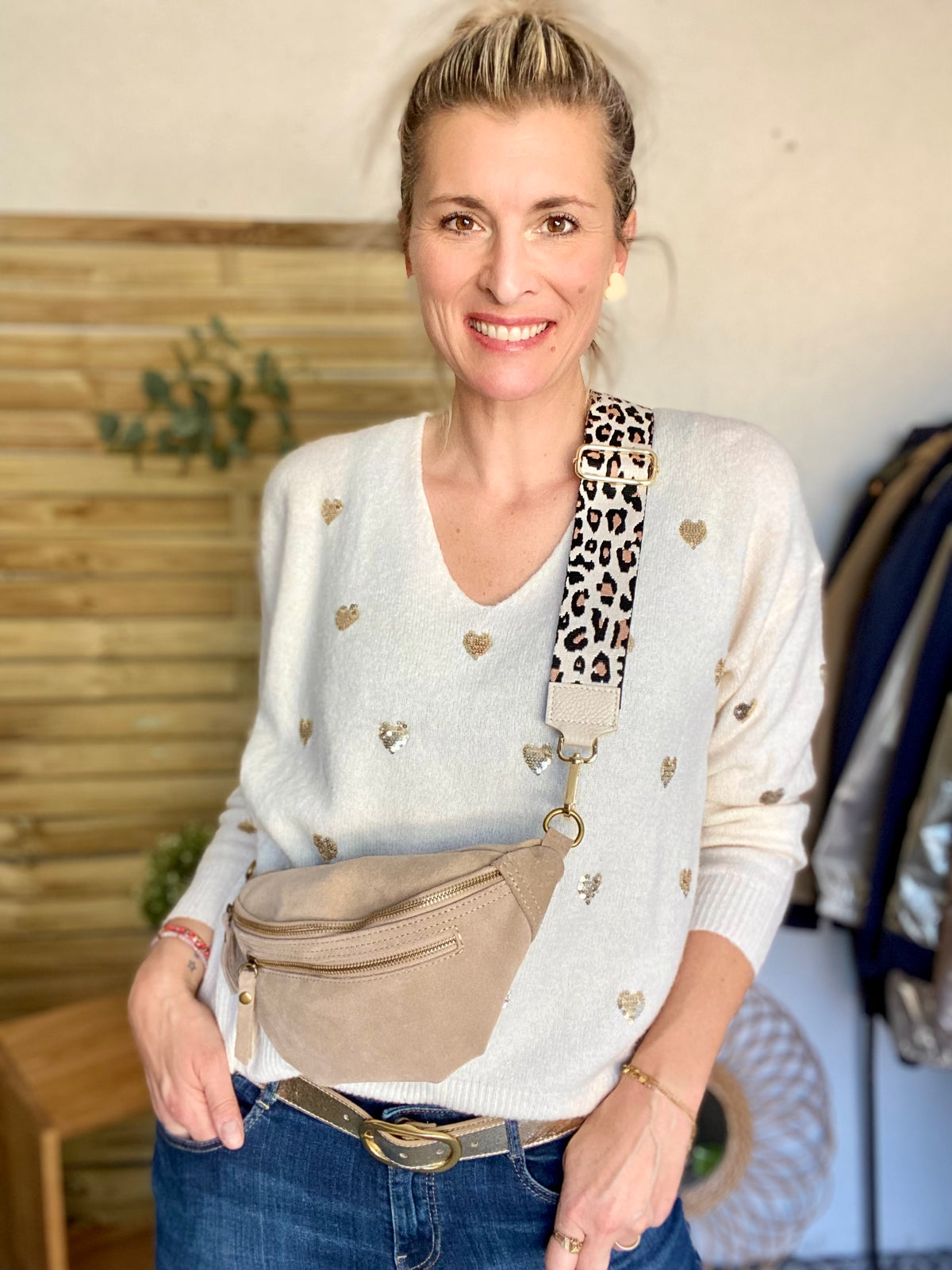 Sac banane double poche en cuir daim - OPALINE - Beige