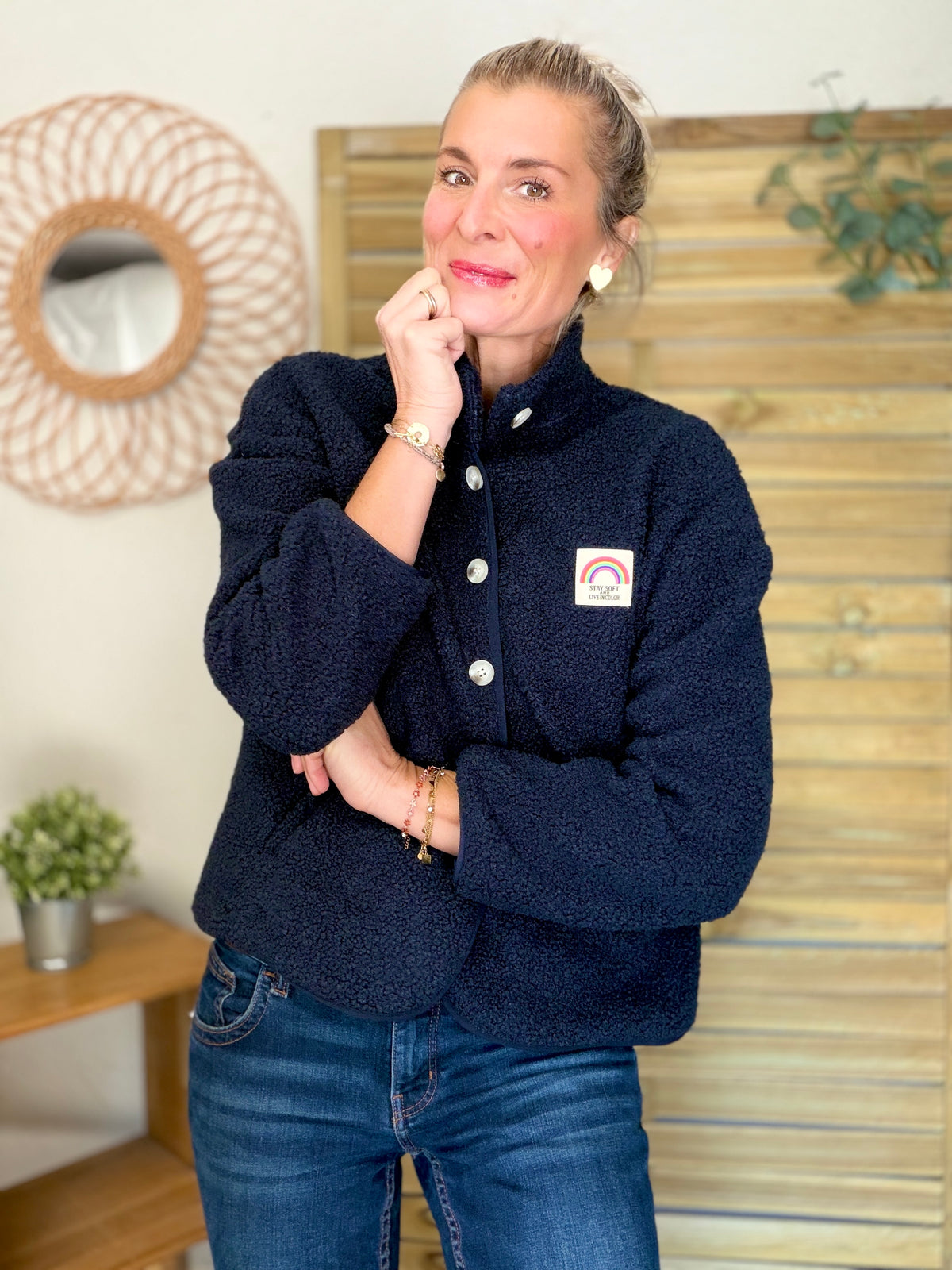Veste Sherpa boutonnée écusson Arc-en-ciel ÉNORA Bleu marine