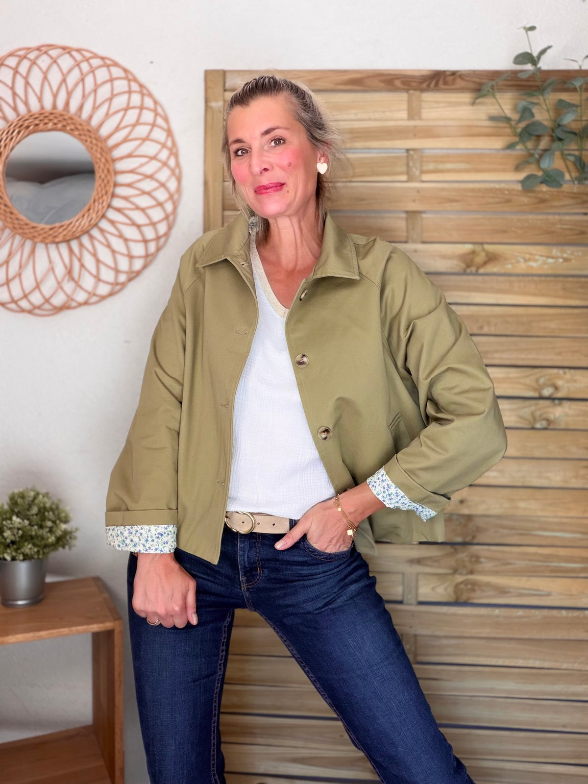 Veste Trench en coton avec Liberty - JOHAN Kaki clair - FIN DE SÉRIE