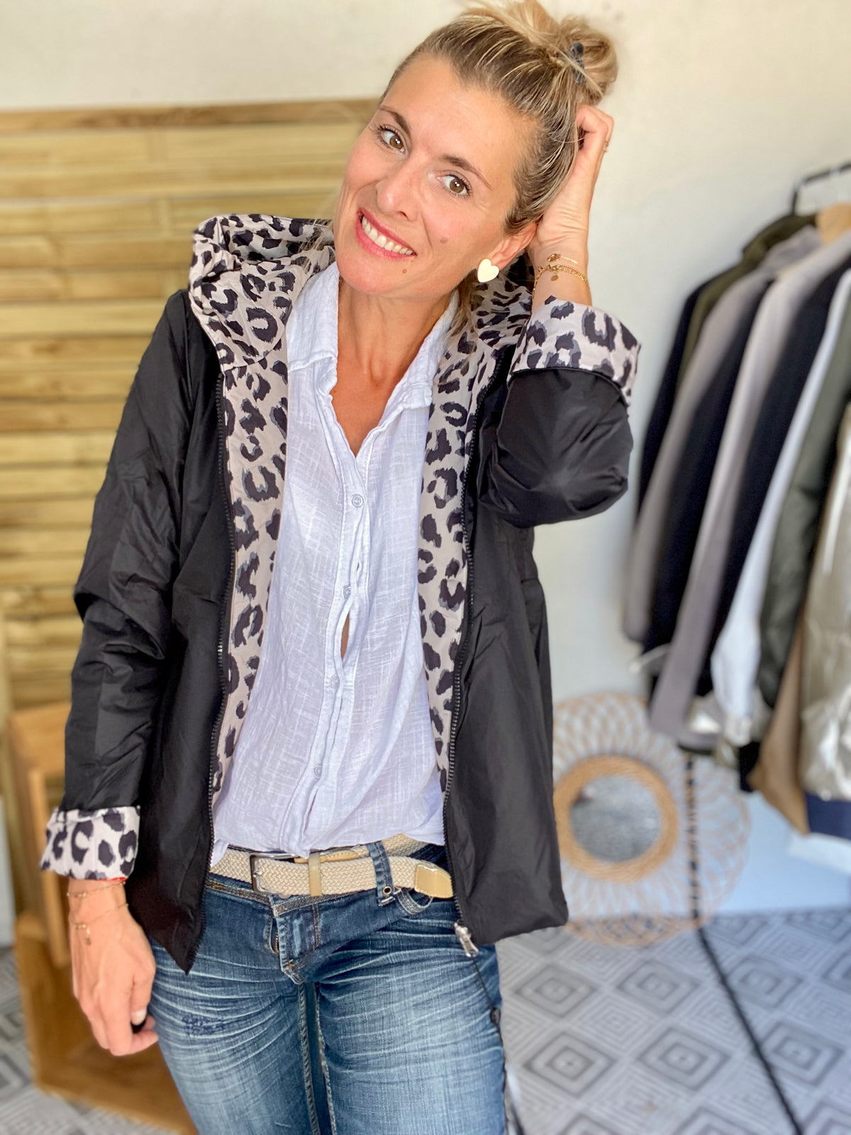 LAURA JO - Imperméable réversible rembourré LOUISON COURT - Noir / léo • DÉSTOCKAGE sur Taille XL