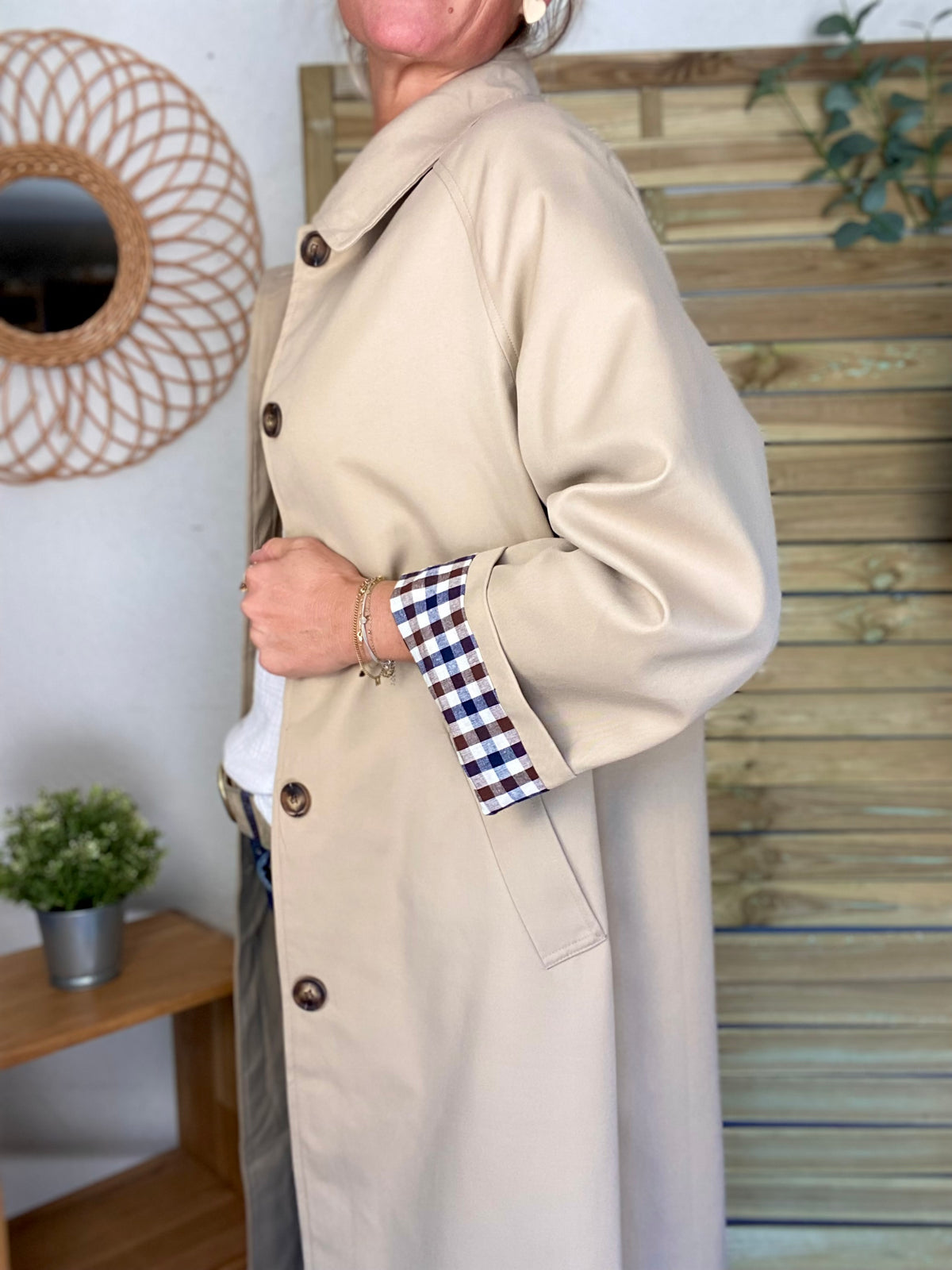 Veste Trench en coton, revers carreaux - YSEULT long Beige