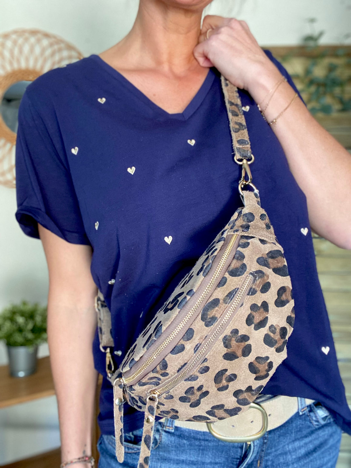 Sac banane double poche en cuir daim - OPALINE - Léo taupe
