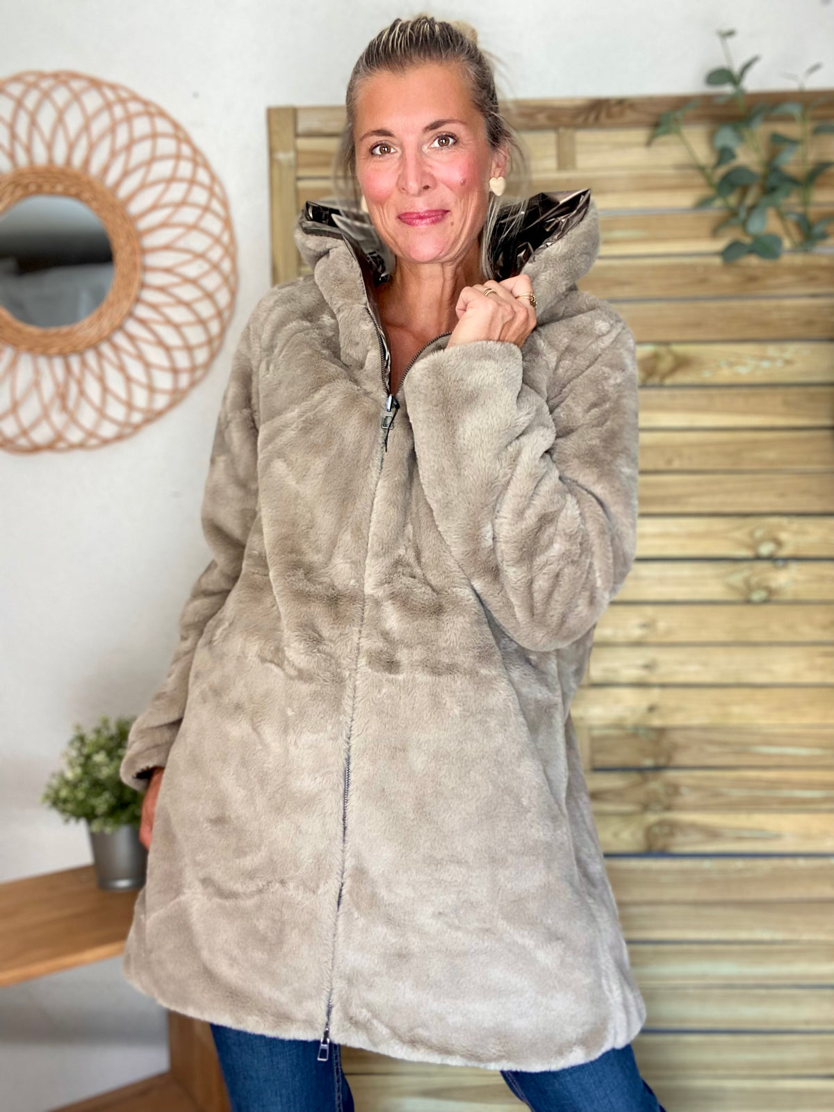 LAURA JO - Parka Imperméable réversible fourrée Bronze / Beige ALIX Long