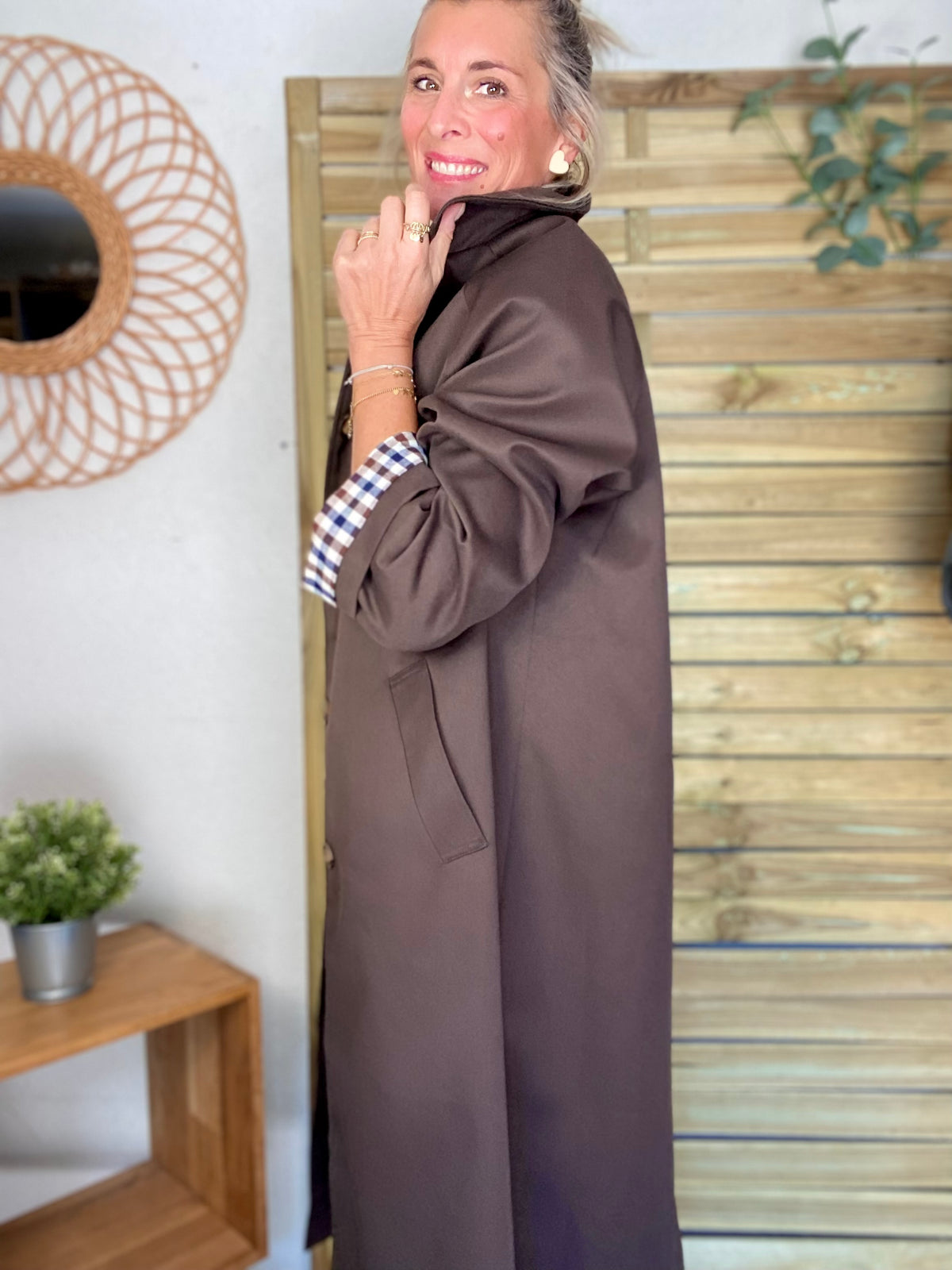 Veste Trench en coton, revers carreaux - YSEULT long Chocolat