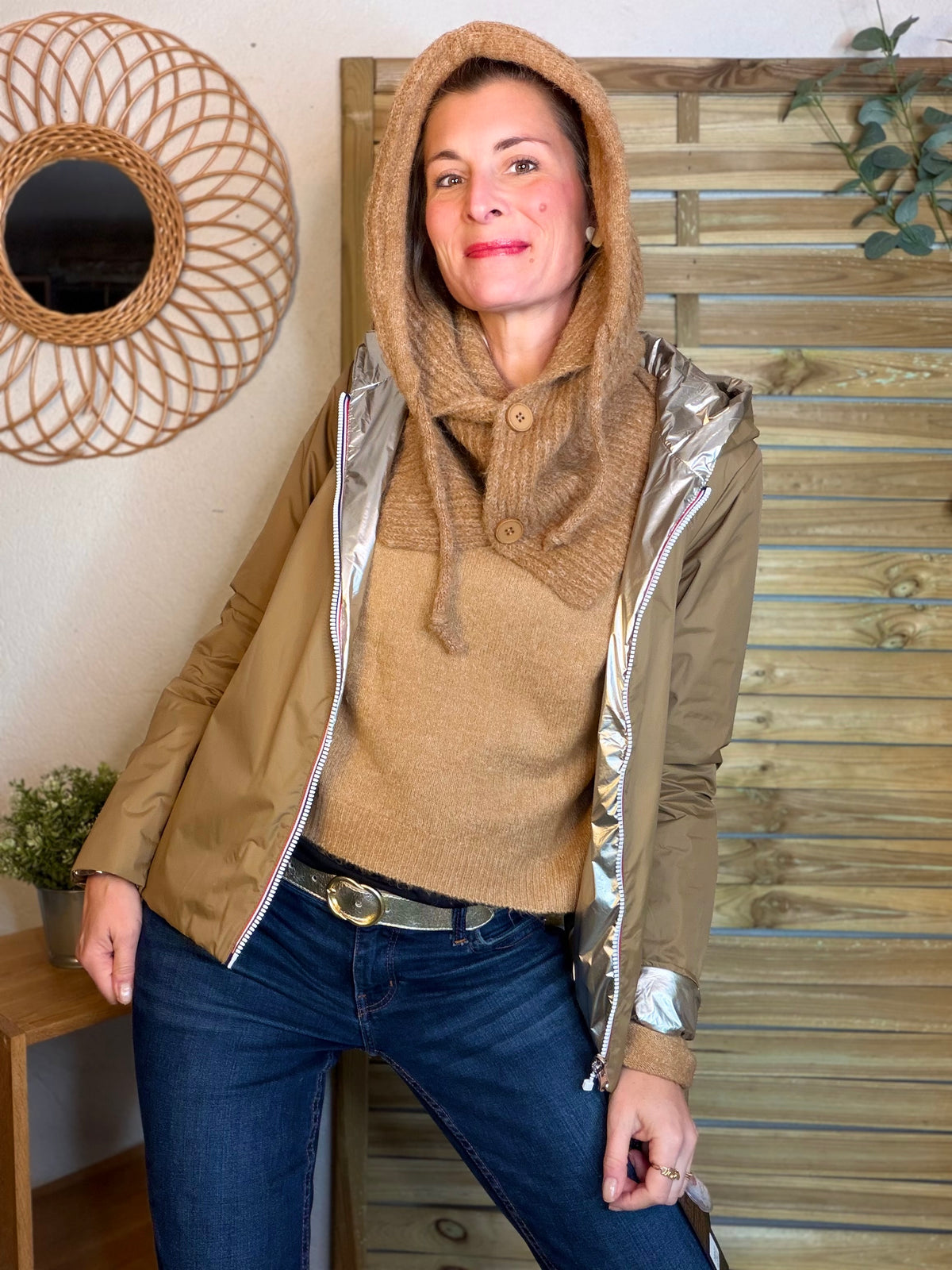 Col cagoule LORIE en maille avec boutons - Camel