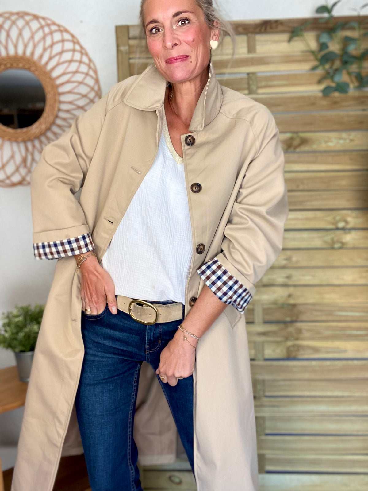 Veste Trench en coton, revers carreaux - YSEULT long Beige