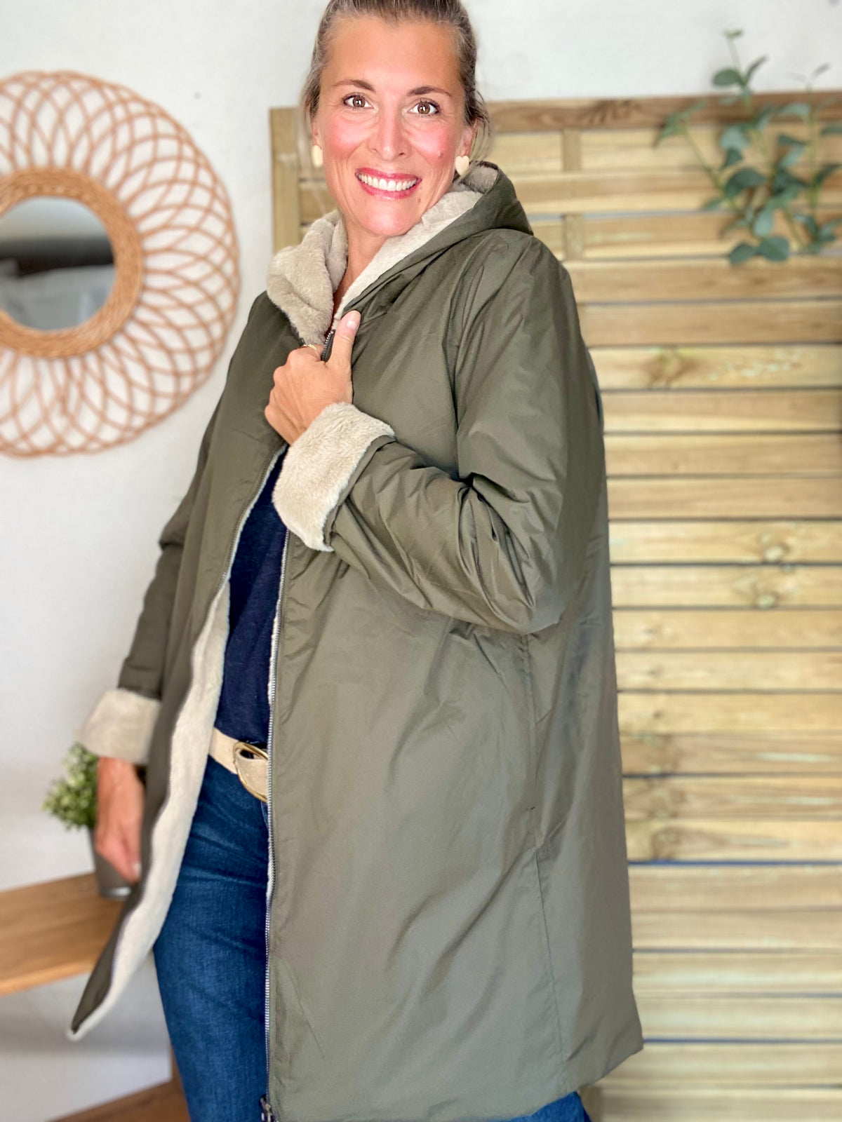 LAURA JO - Parka Imperméable réversible fourrée Kaki / Beige ALIX Long