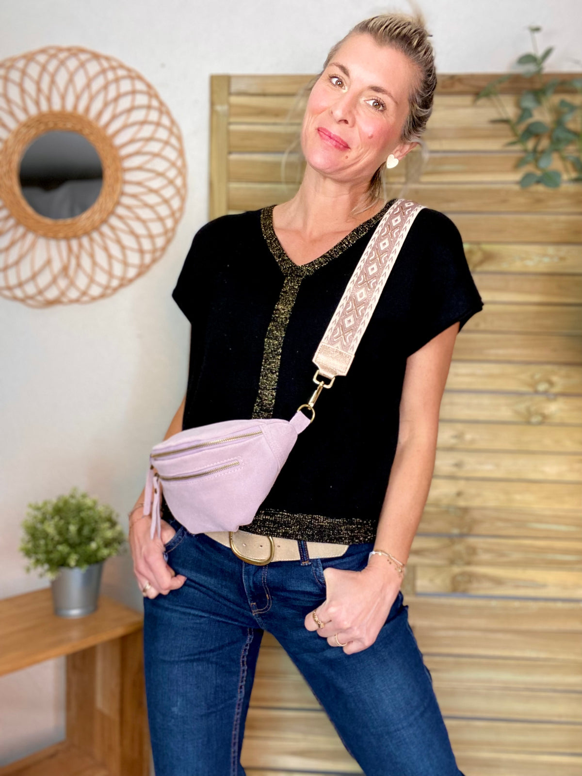 Sac banane double poche en cuir daim - OPALINE - Lilas