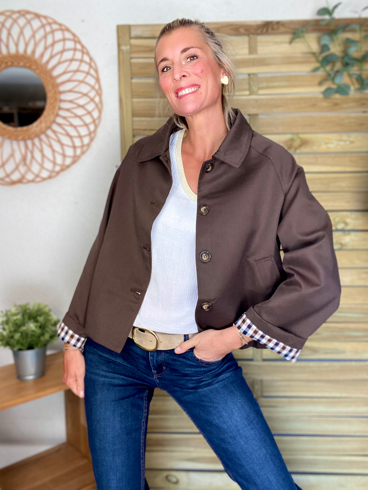Veste Trench en coton, revers carreaux - YSEULT court Chocolat