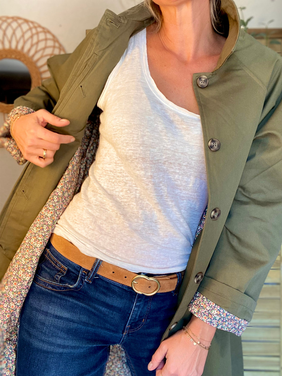 Veste Trench en coton kaki avec Liberty - MAHAUT MI LONG - LILI et LALA • DÉSTOCKAGE sur Taille S