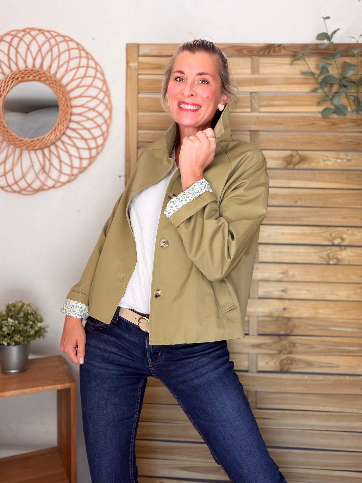 Veste Trench en coton avec Liberty - JOHAN Kaki clair - FIN DE SÉRIE