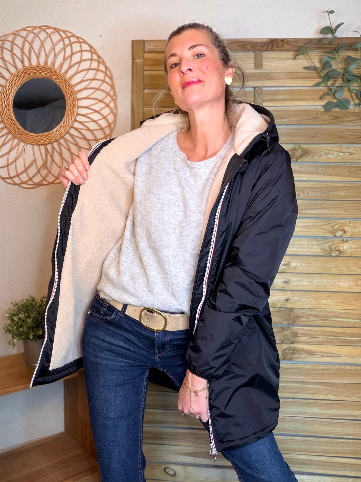 LAURA JO - Parka Imperméable LOUISE LONG Sherpa écru - Noir • DÉSTOCKAGE sur Taille L