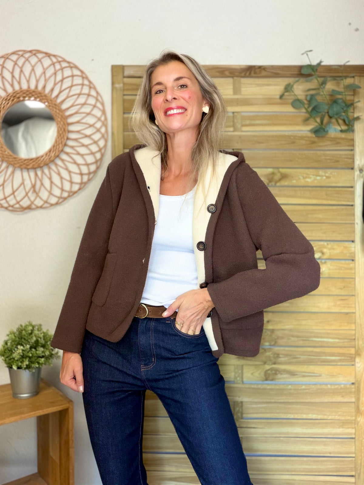 Veste / Gilet chaud réversible avec capuche ORIANE Choco / Beige