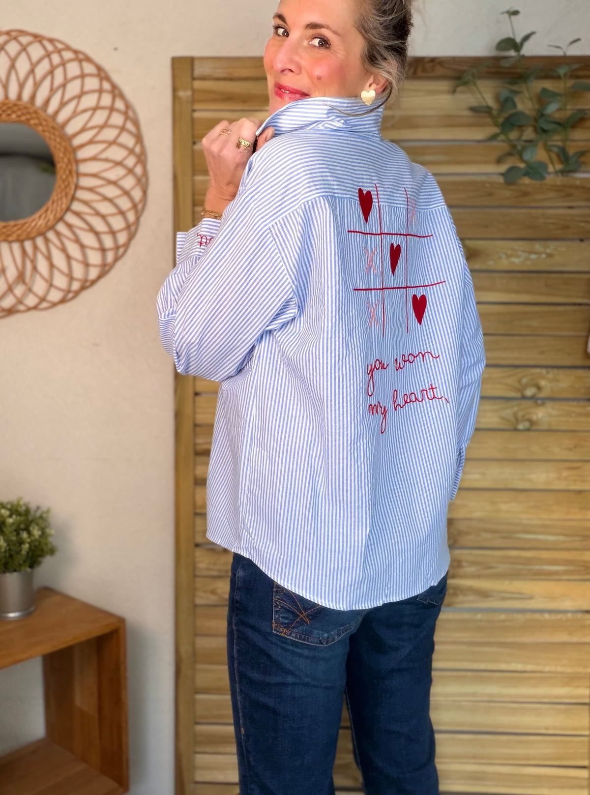 Chemise bleue rayée brodée YOU WON MY HEART ❤️ MAUREEN - FIN DE SÉRIE
