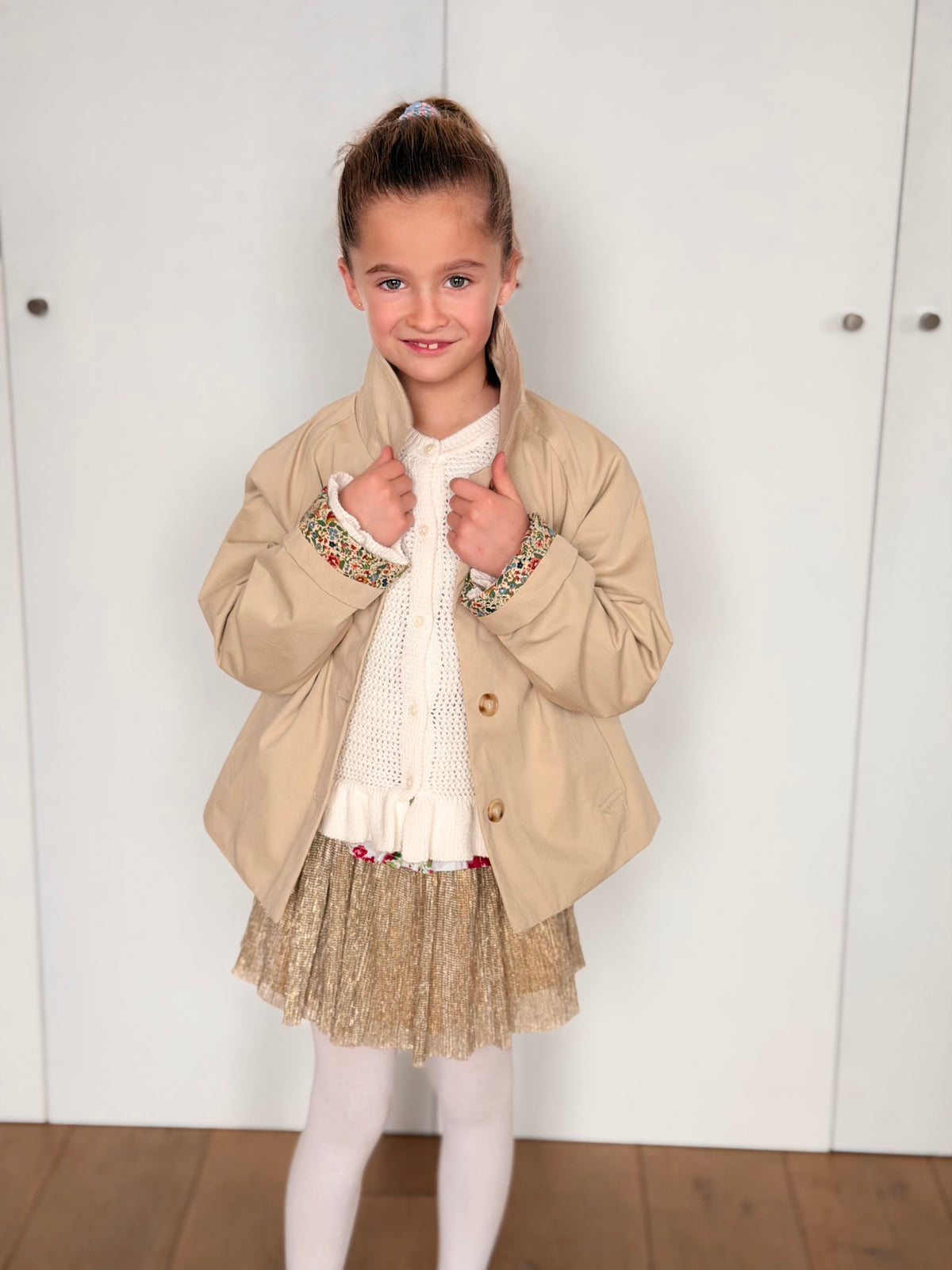 Veste Trench en coton beige avec Liberty - MARION (Taille 2 ans à la Taille XL)