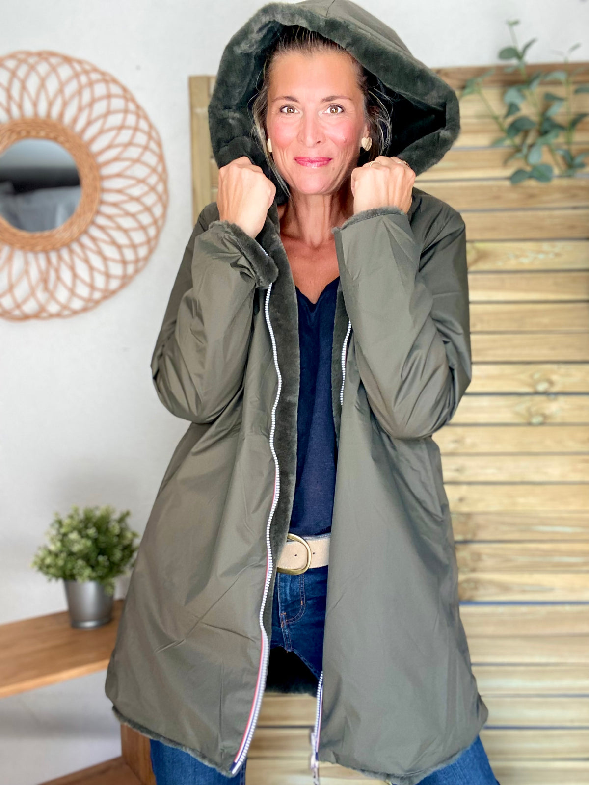 LAURA JO - Parka Imperméable réversible fourrée Kaki / Kaki ALIX Long • DÉSTOCKAGE sur Taille S
