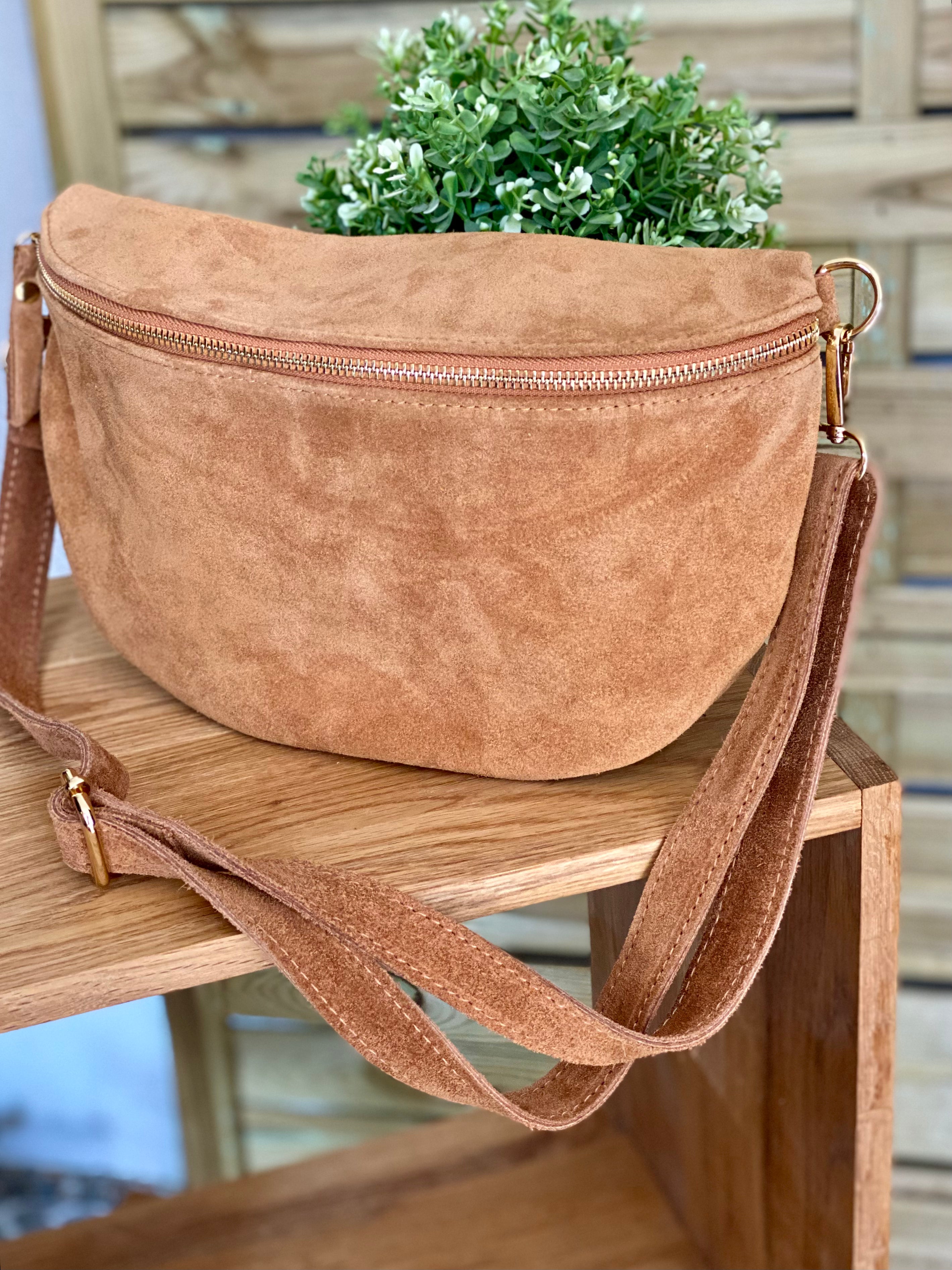Sac banane XL en cuir velours 30cm JUDY - Camel